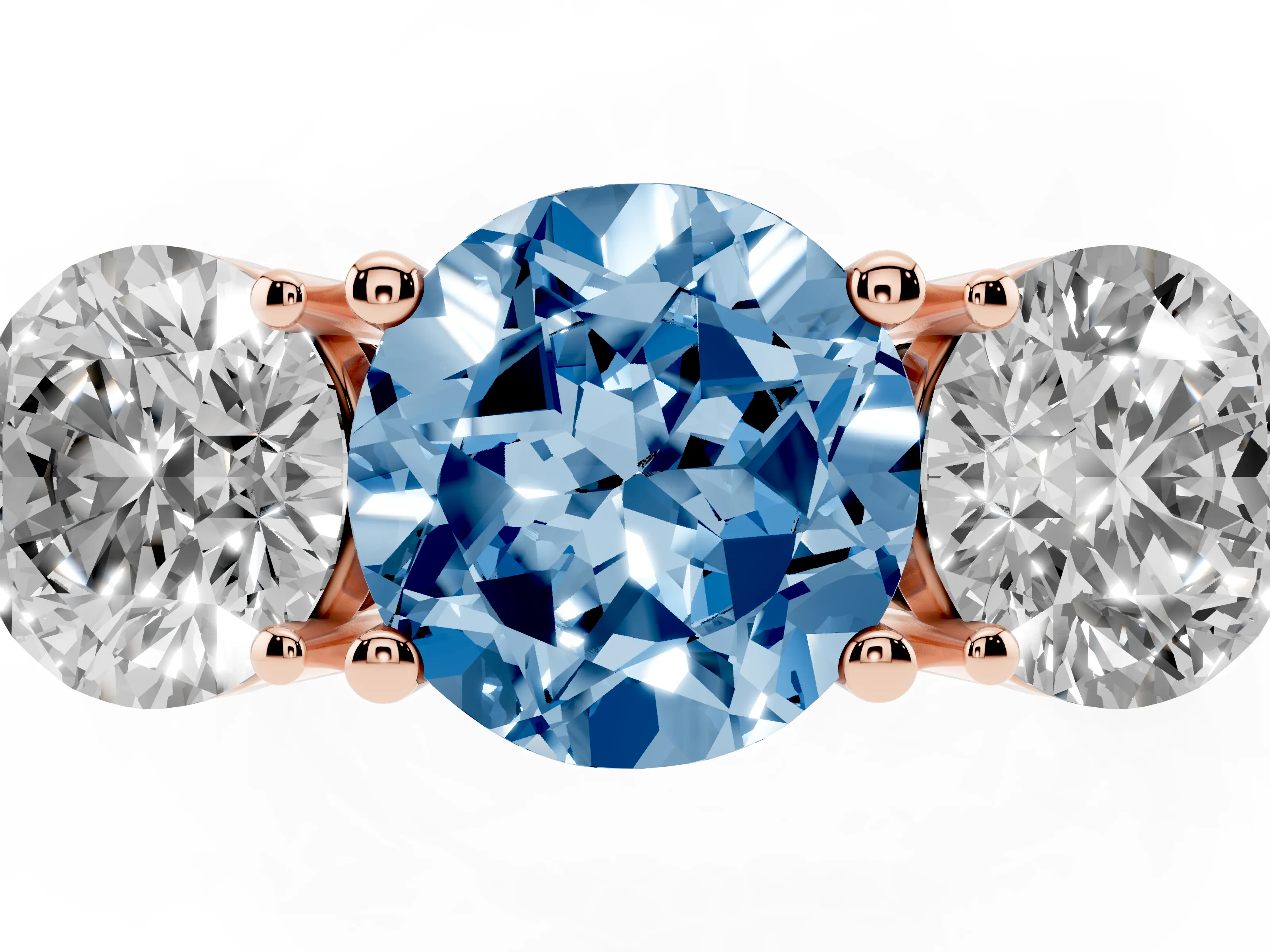 Fancy Blue Round Cut Diamond Three-Stone Ring Set in Rose gold with Prong Setting and Plain Band