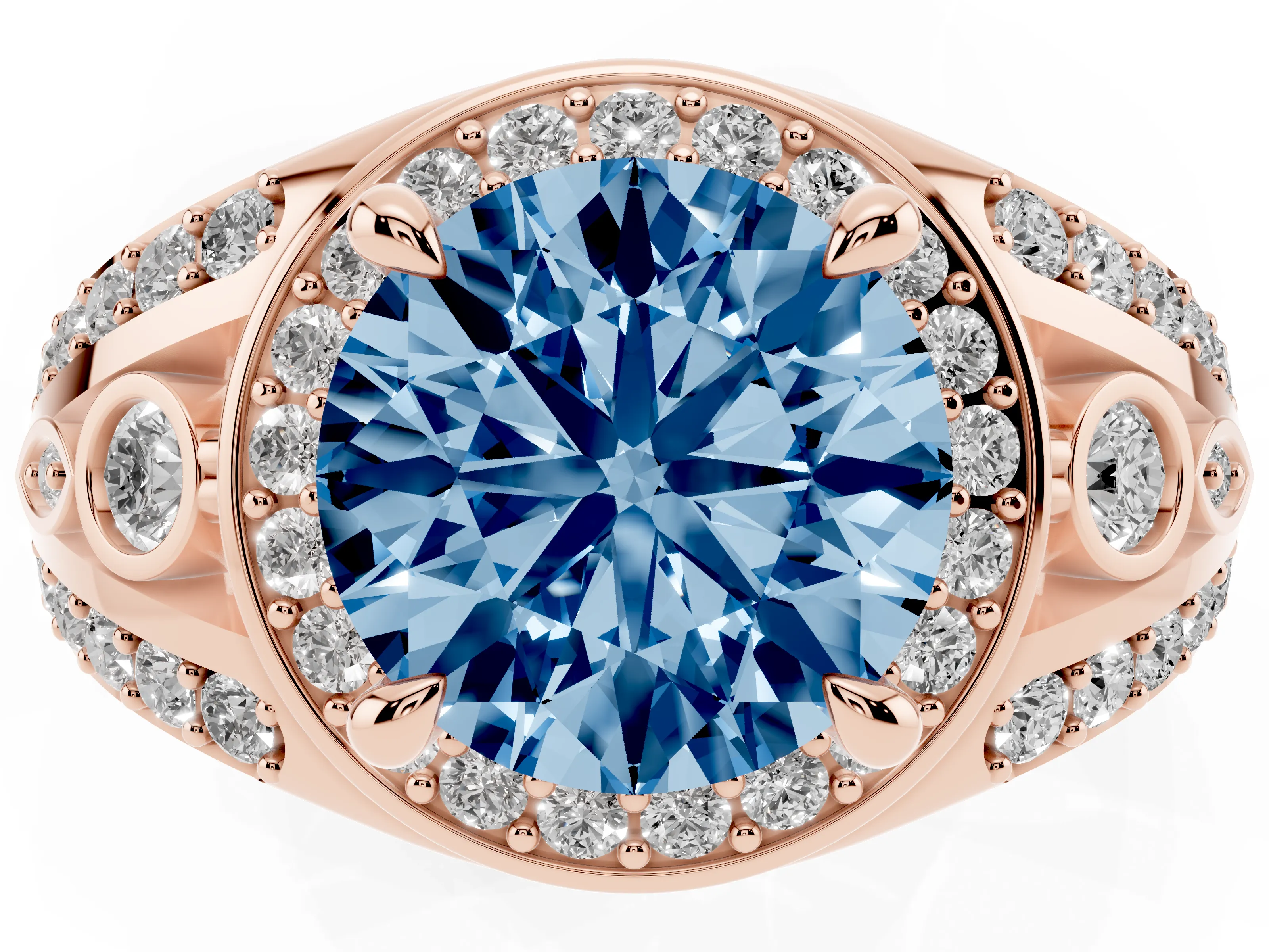 Fancy Blue Round Cut Diamond Halo Ring Set in Rose gold with Pavé Split Shank and Bezel Accents