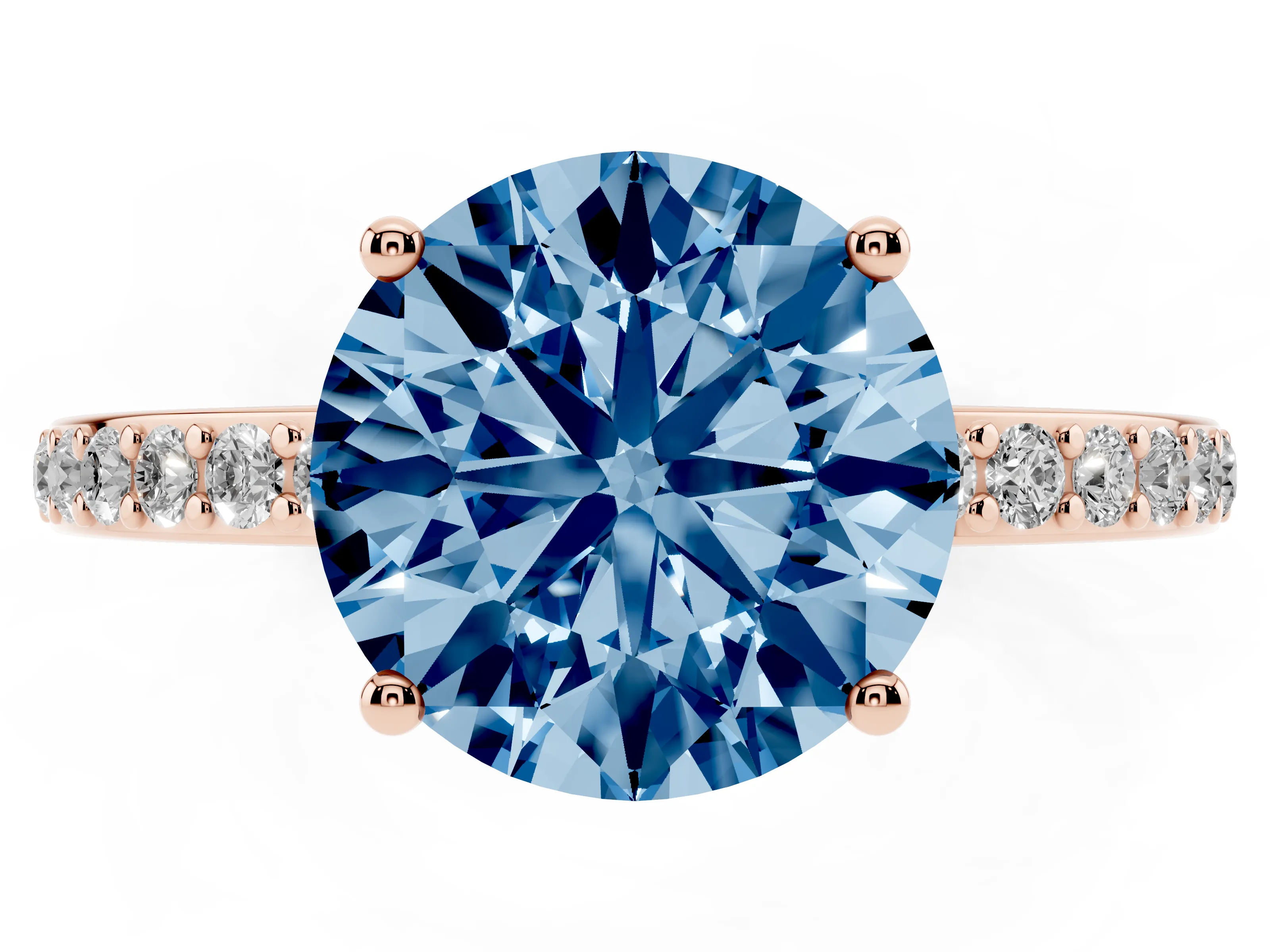 Fancy Blue Round Cut Diamond Pavé Band Ring Set in Rose gold with Prong-Set Center Stone