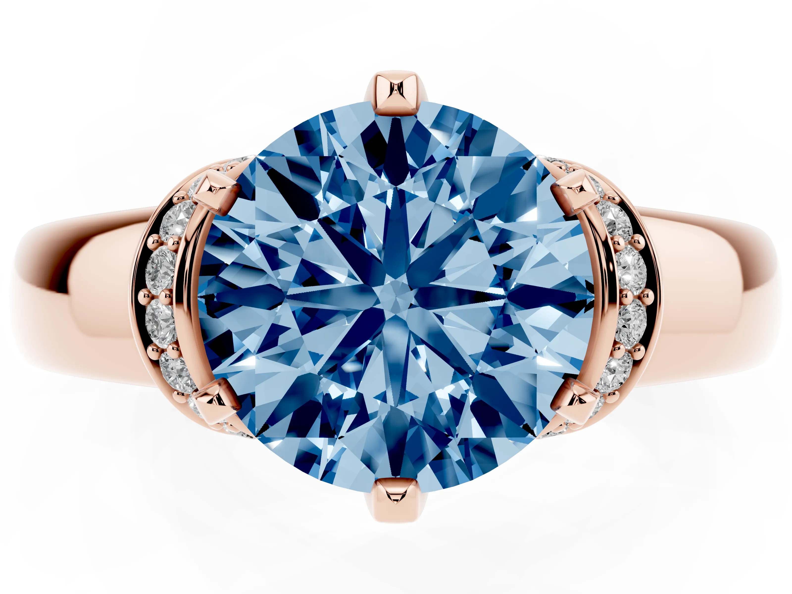 Fancy Blue Round Cut Diamond Pavé Band Solitaire Ring Set in Rose gold with Prong Setting