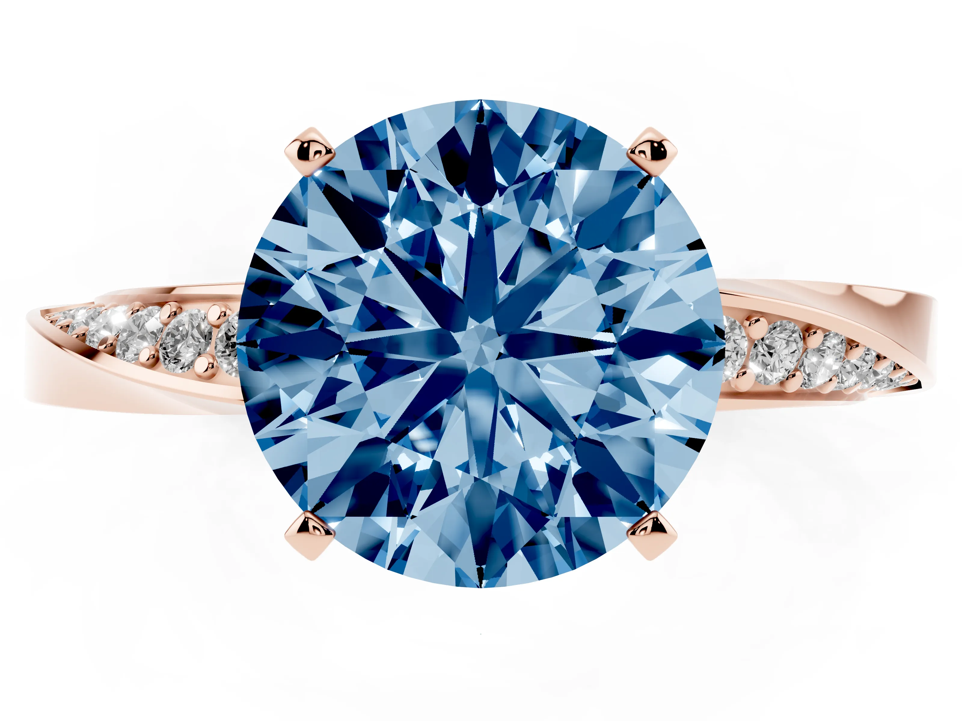 Fancy Blue Round Cut Diamond Engagement Ring Set in Rose gold with Side Stone Accents and Prong Setting