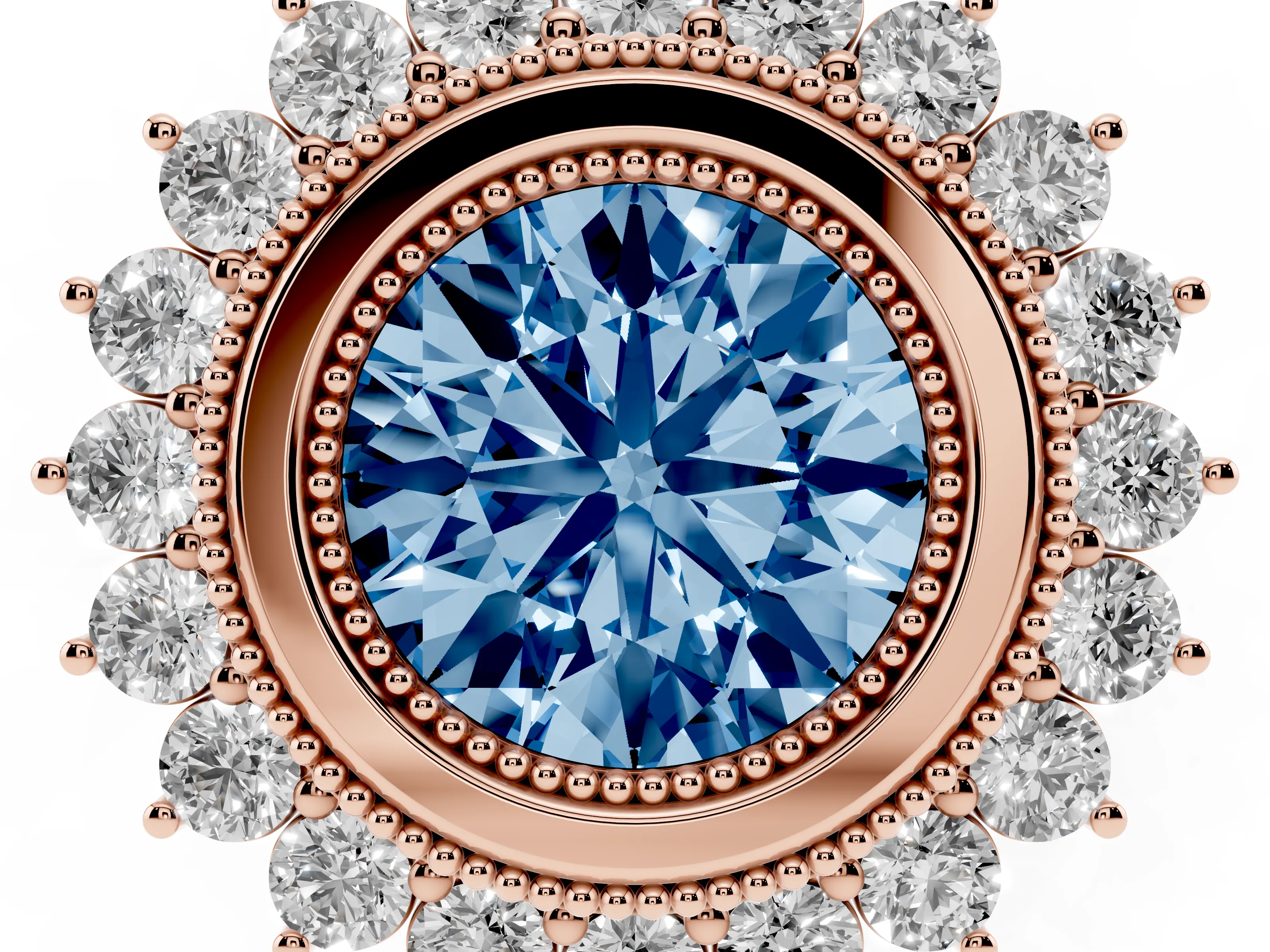 Fancy Blue Round Cut Diamond Halo Ring Set in Rose gold with Milgrain Edge and Round Prong Setting