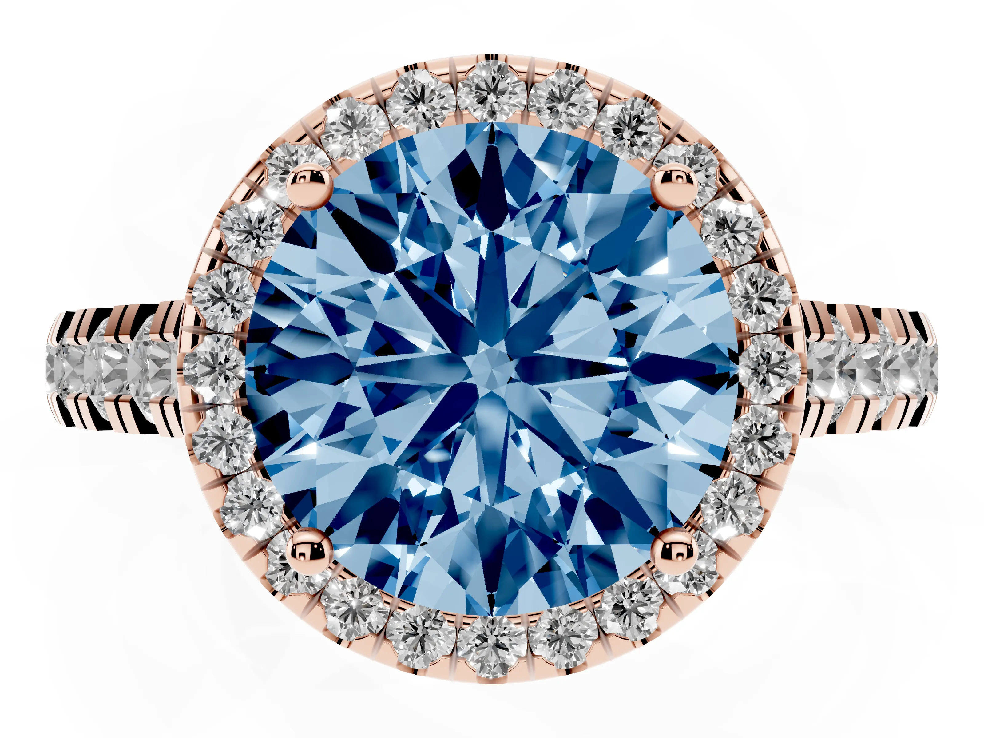 Fancy Blue Round Cut Diamond Halo Engagement Ring Set in Rose gold with Pavé Band and Prong-Set Center
