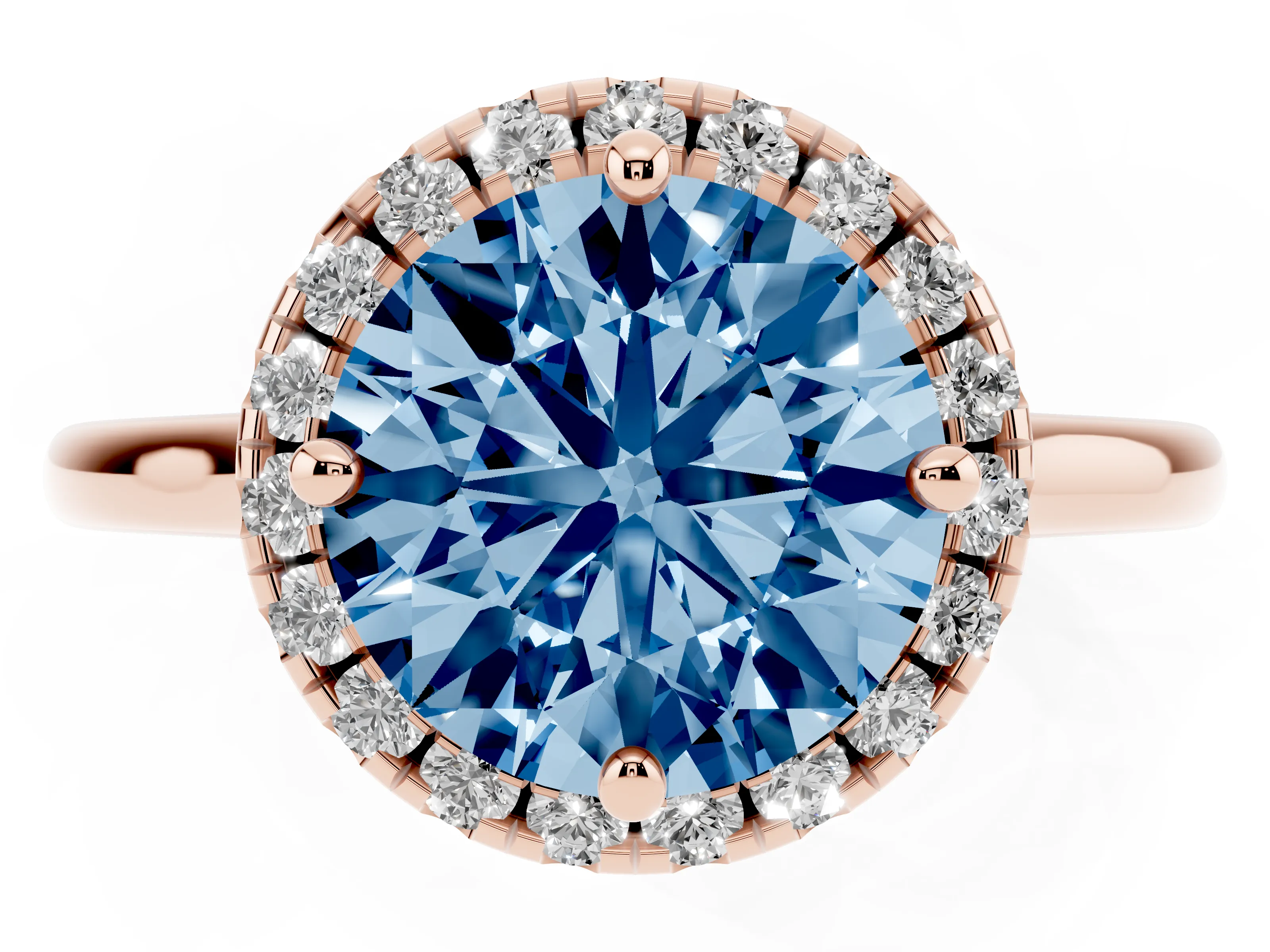 Fancy Blue Round Cut Diamond Halo Engagement Ring Set in Rose gold with Pavé Band and Rising Shoulders