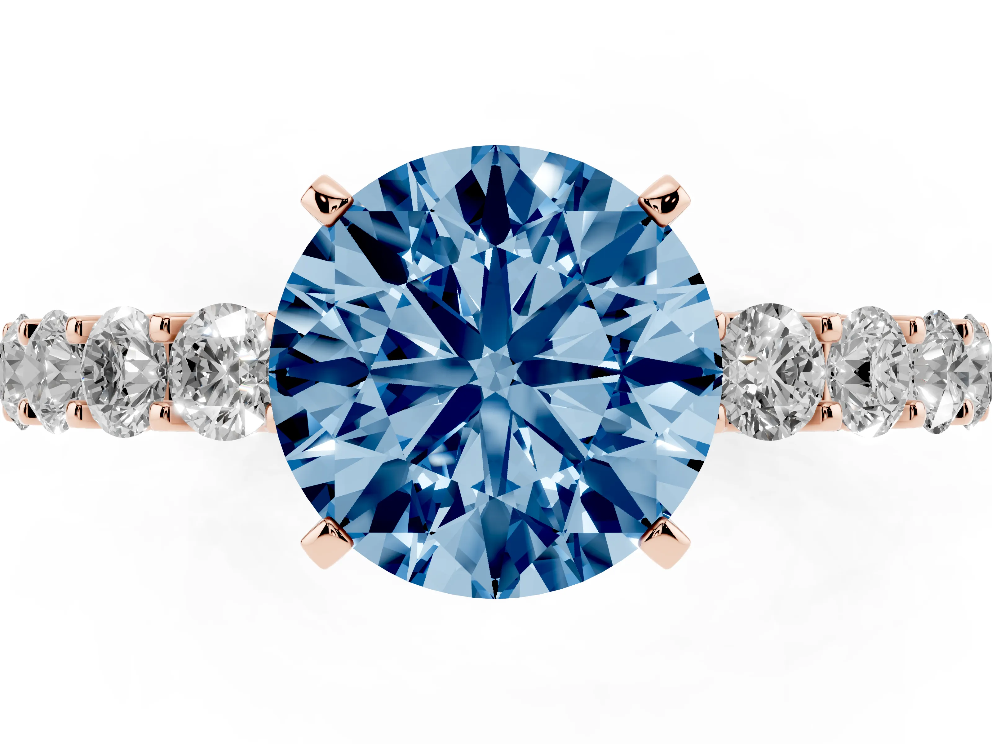 Fancy Blue Round Cut Diamond Solitaire Ring Set in Rose gold with Shared Prong Pavé Band