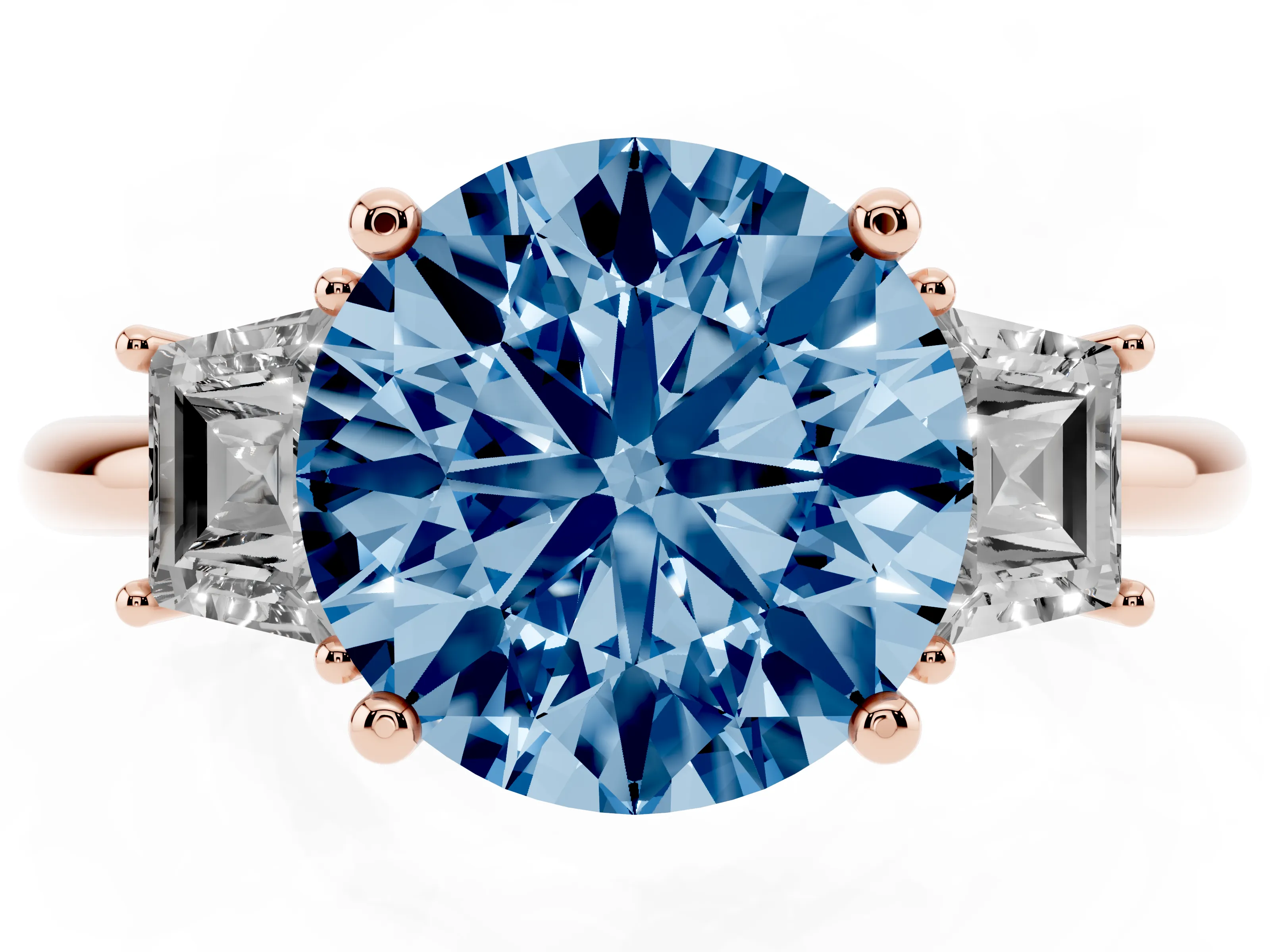 Fancy Blue Round Cut Diamond Three-Stone Ring Set in Rose gold with Trapezoid Side Stones and Prong Setting