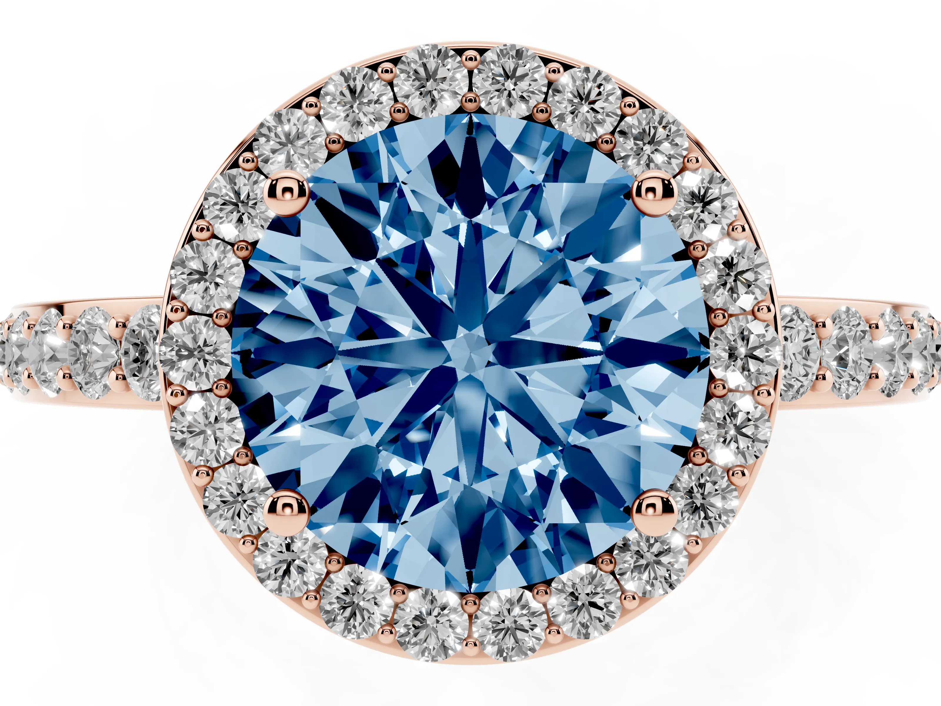 Fancy Blue Round Cut Diamond Halo Ring Set in Rose gold with Pavé-Setting Band and Open Prong Center