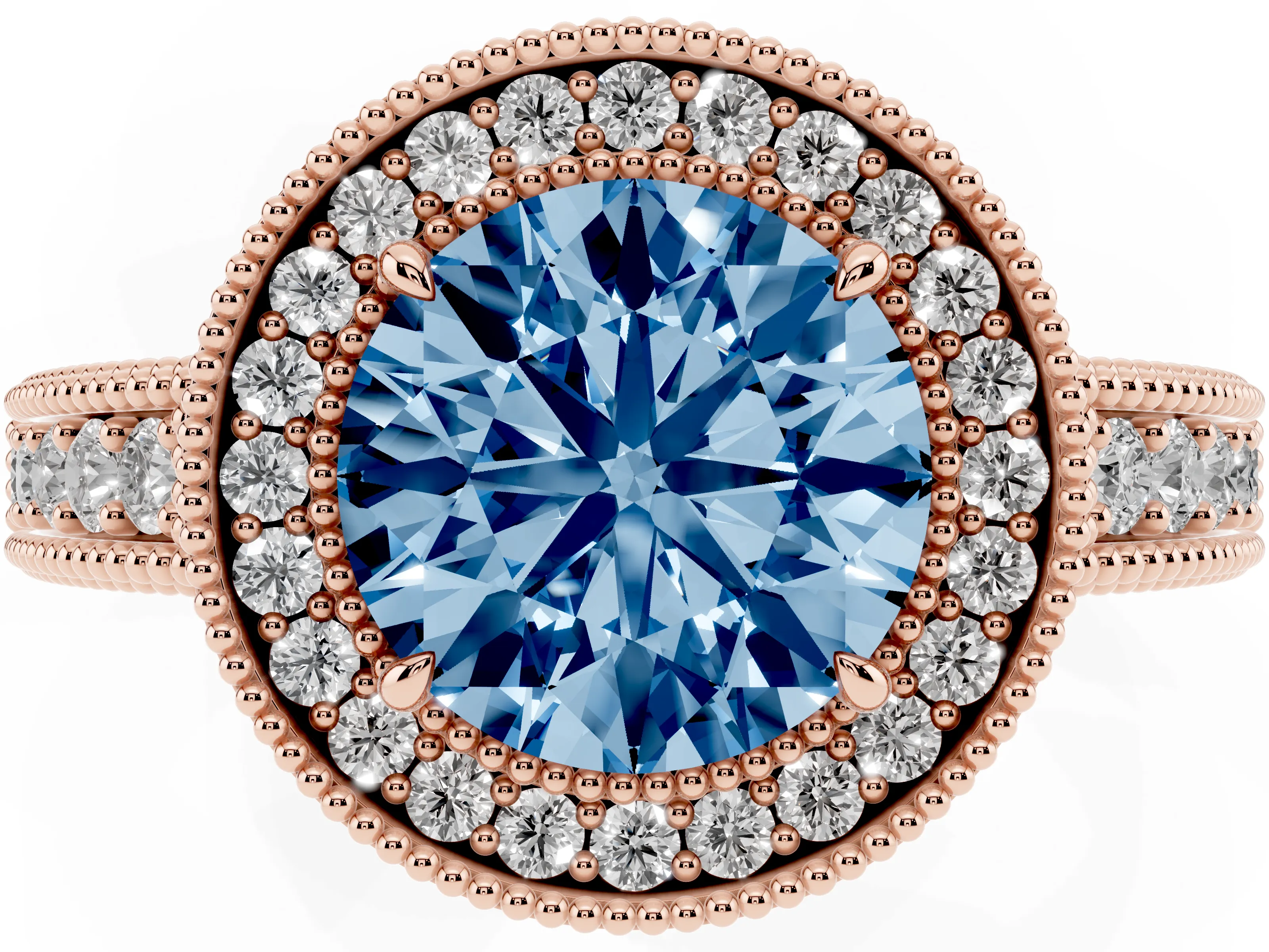 Fancy Blue Round Cut Diamond Halo Ring Set in Rose gold with Round Accent Halo, Pavé Band and Prong Setting