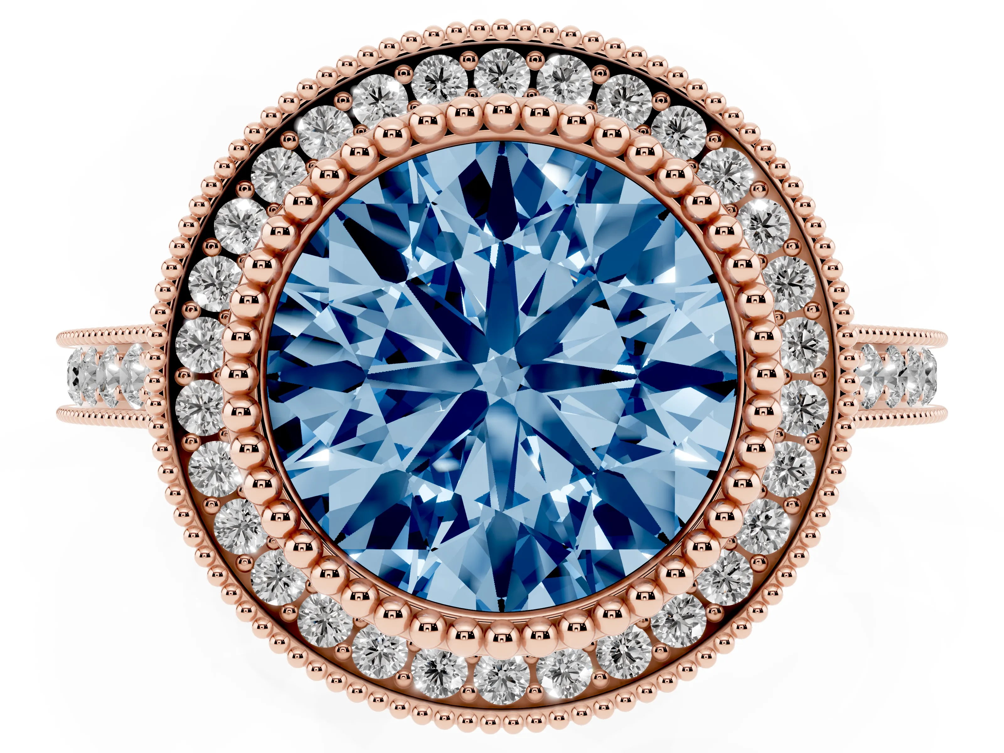 Fancy Blue Round Cut Diamond Halo Ring Set in Rose gold with Milgrain Frame and Pavé Band
