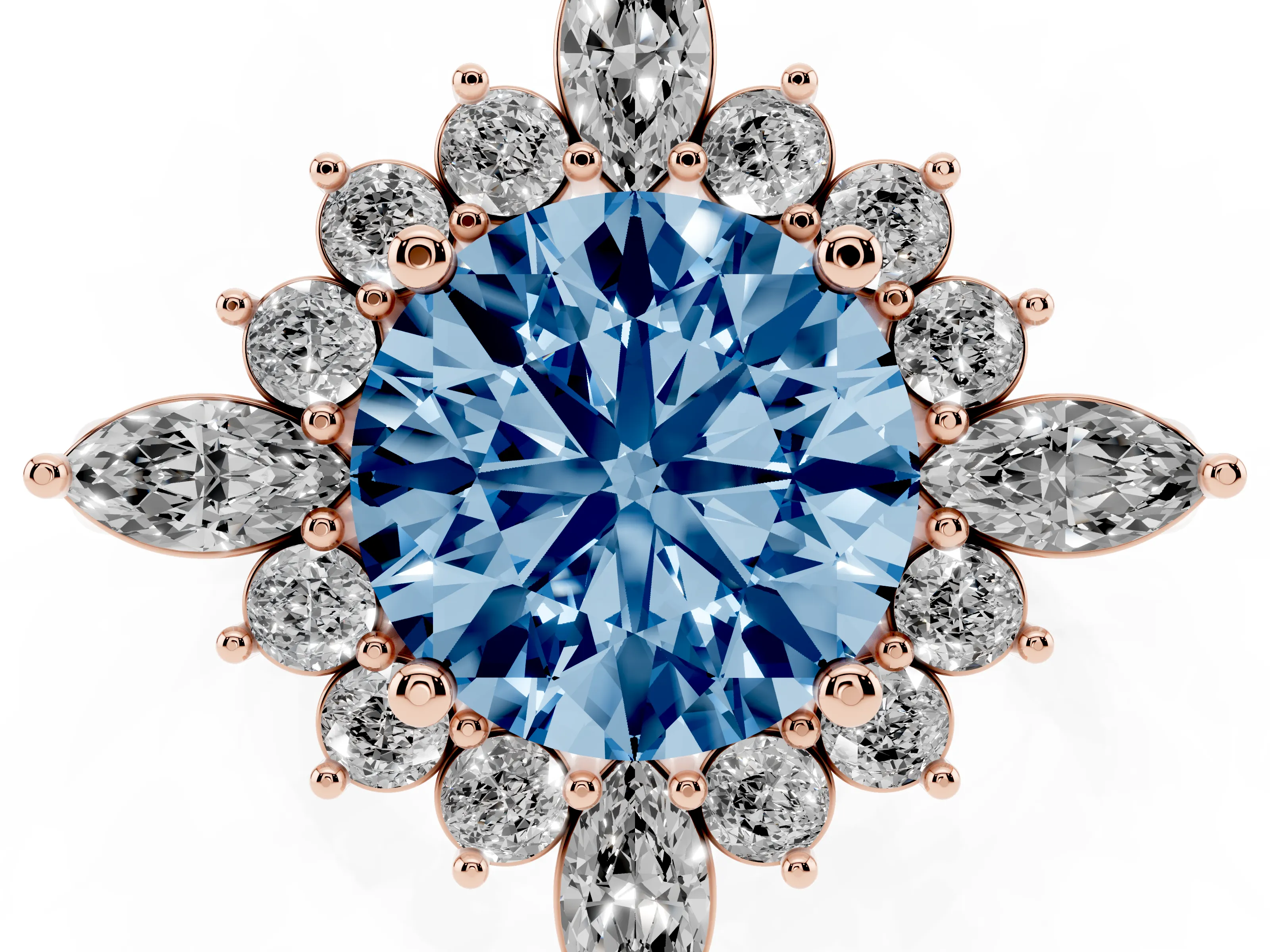 Fancy Blue Round Cut Diamond Cluster Halo Ring Set in Rose gold with Marquise and Round Accents