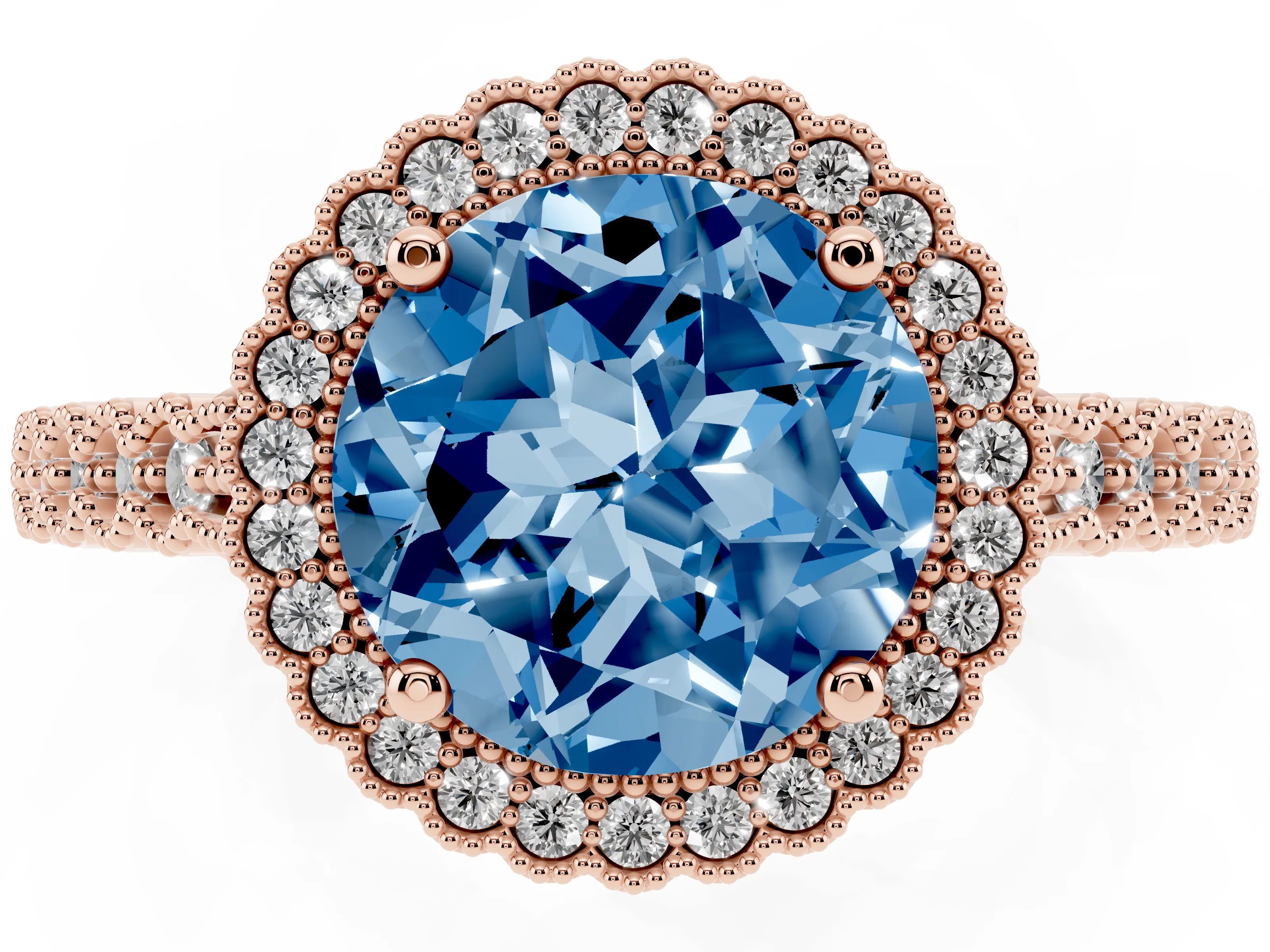 Fancy Blue Round Cut Diamond Halo Ring Set in Rose gold with Pavé Milgrain Band