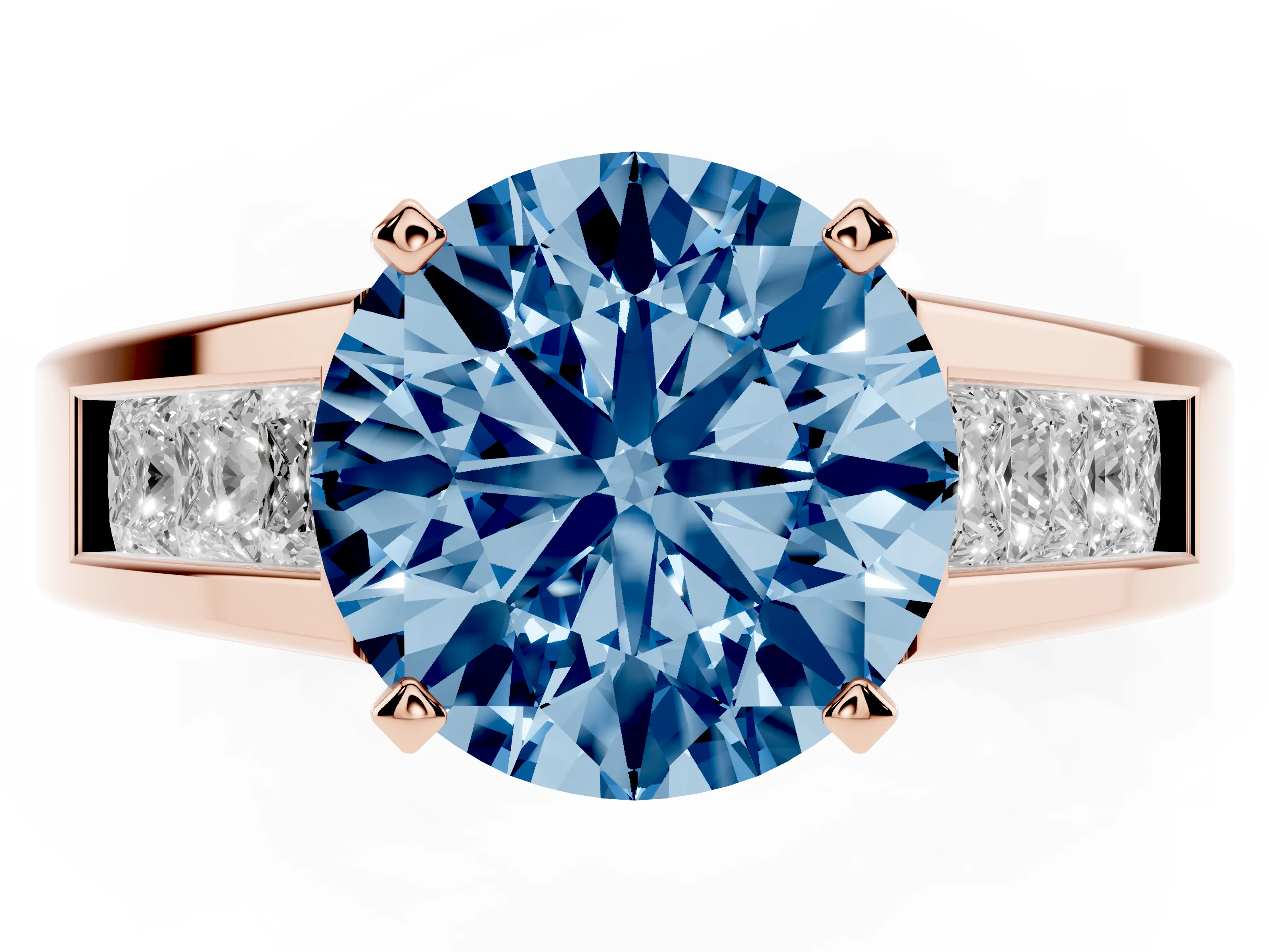 Fancy Blue Round Cut Diamond Solitaire Ring Set in Rose gold with Channel-Set Accent Stones and Prong Setting