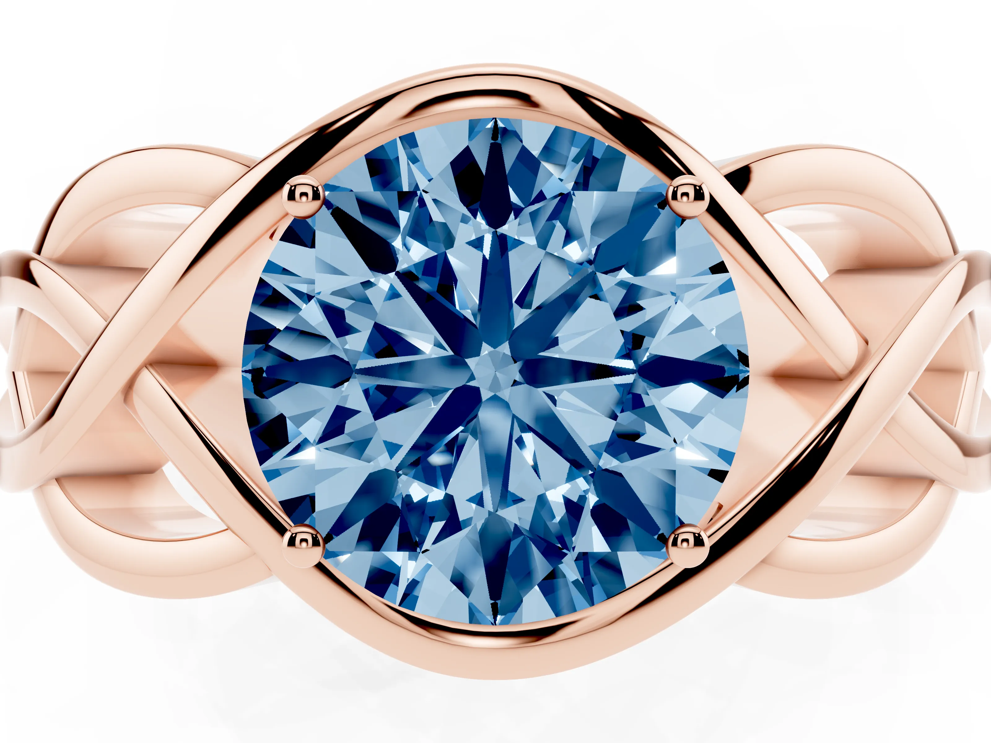 Fancy Blue Round Cut Diamond Solitaire Ring Set in Rose gold with Intertwined Band