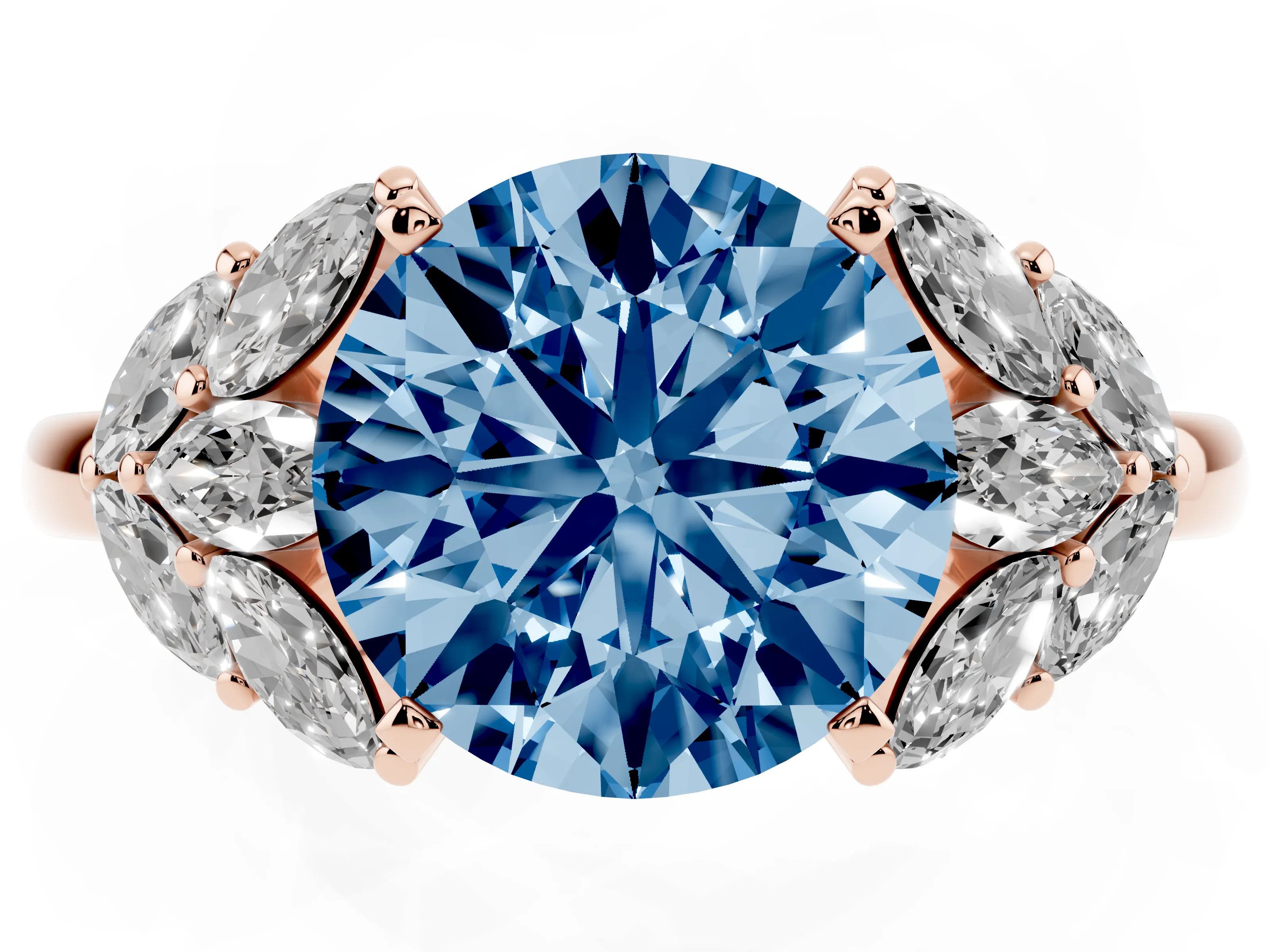 Fancy Blue Round Cut Diamond Cluster Leaf Design Ring Set in Rose gold with Prong Setting