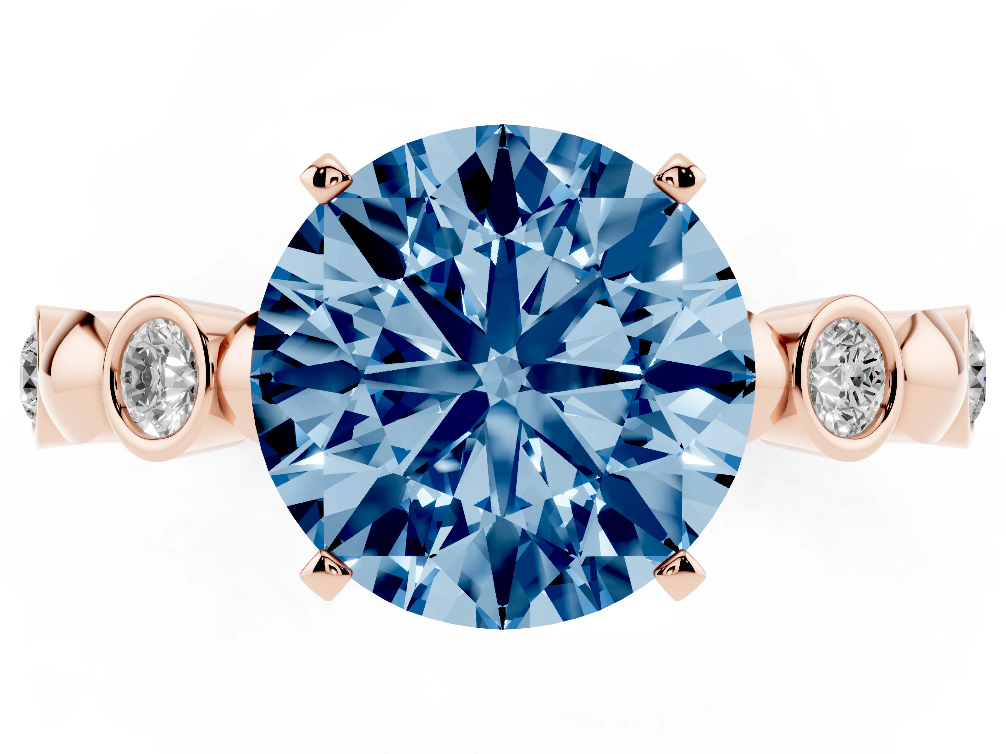 Fancy Blue Round Cut Diamond Solitaire Ring Set in Rose gold with Bezel-Set Accents on Beaded Band and Prong Setting