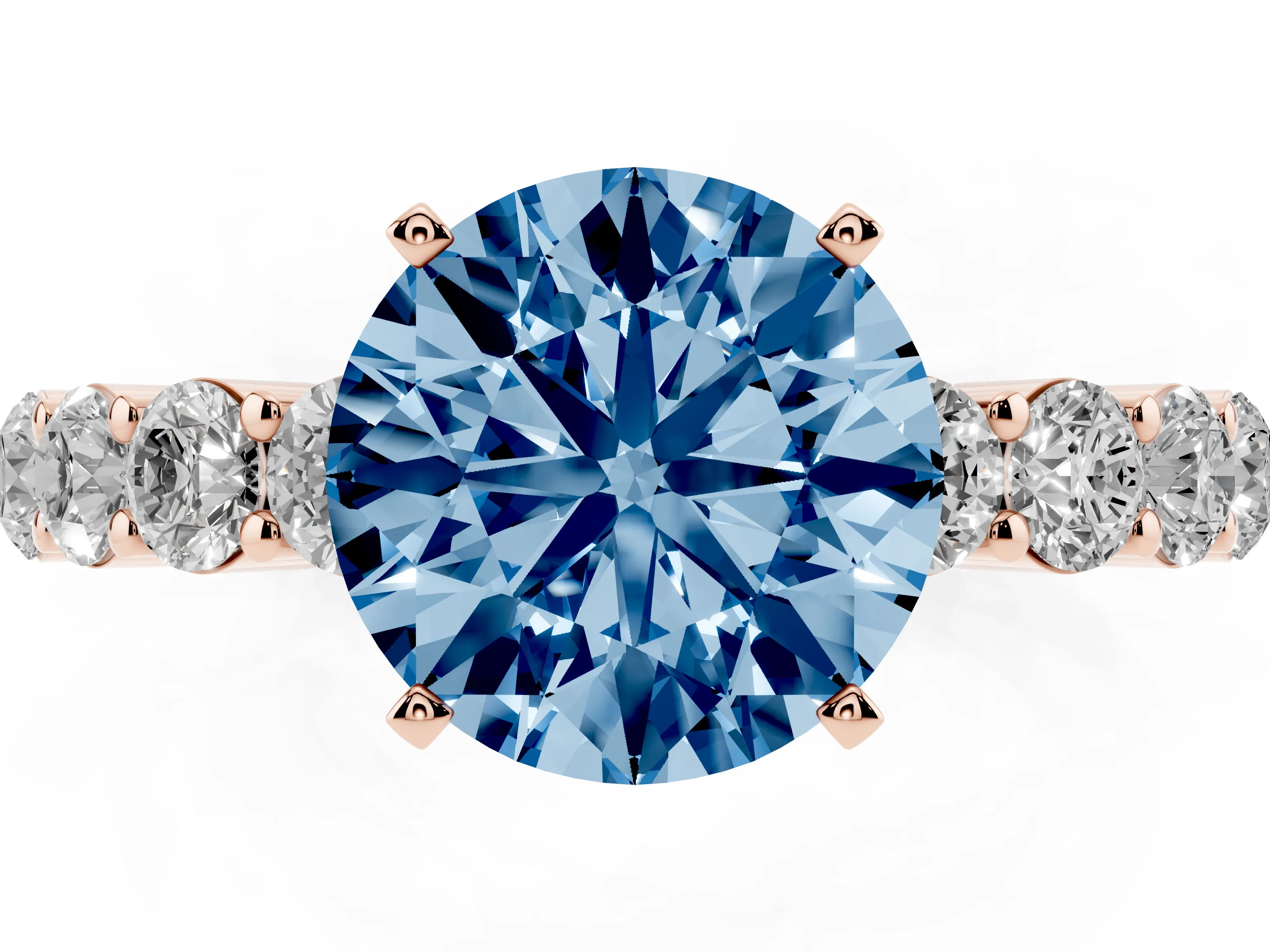 Fancy Blue Round Cut Diamond Solitaire Ring Set in Rose gold with Shared Prong Round Side Stones