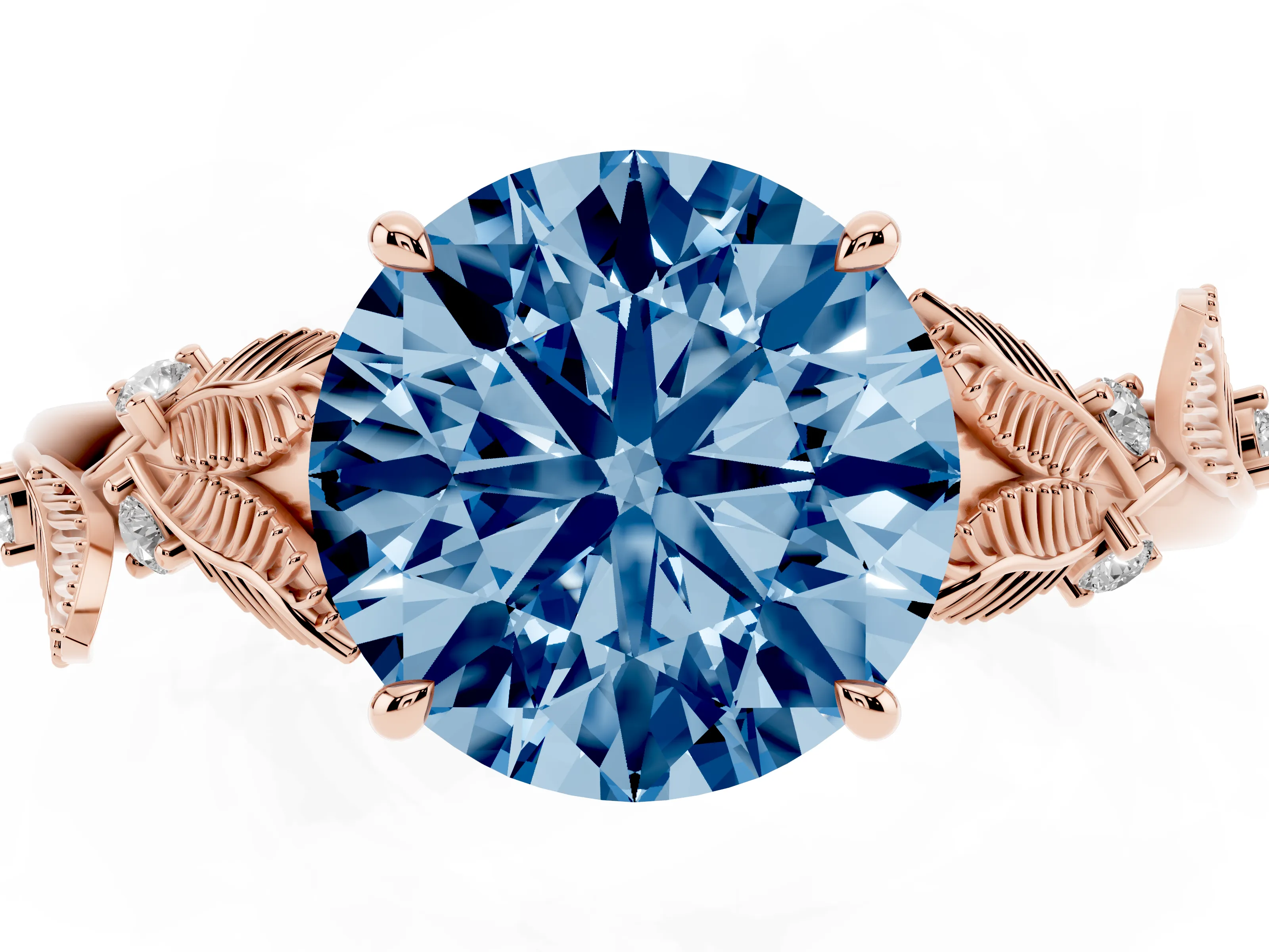 Fancy Blue Round Cut Diamond Solitaire Ring Set in Rose gold with Leaf Motif Band