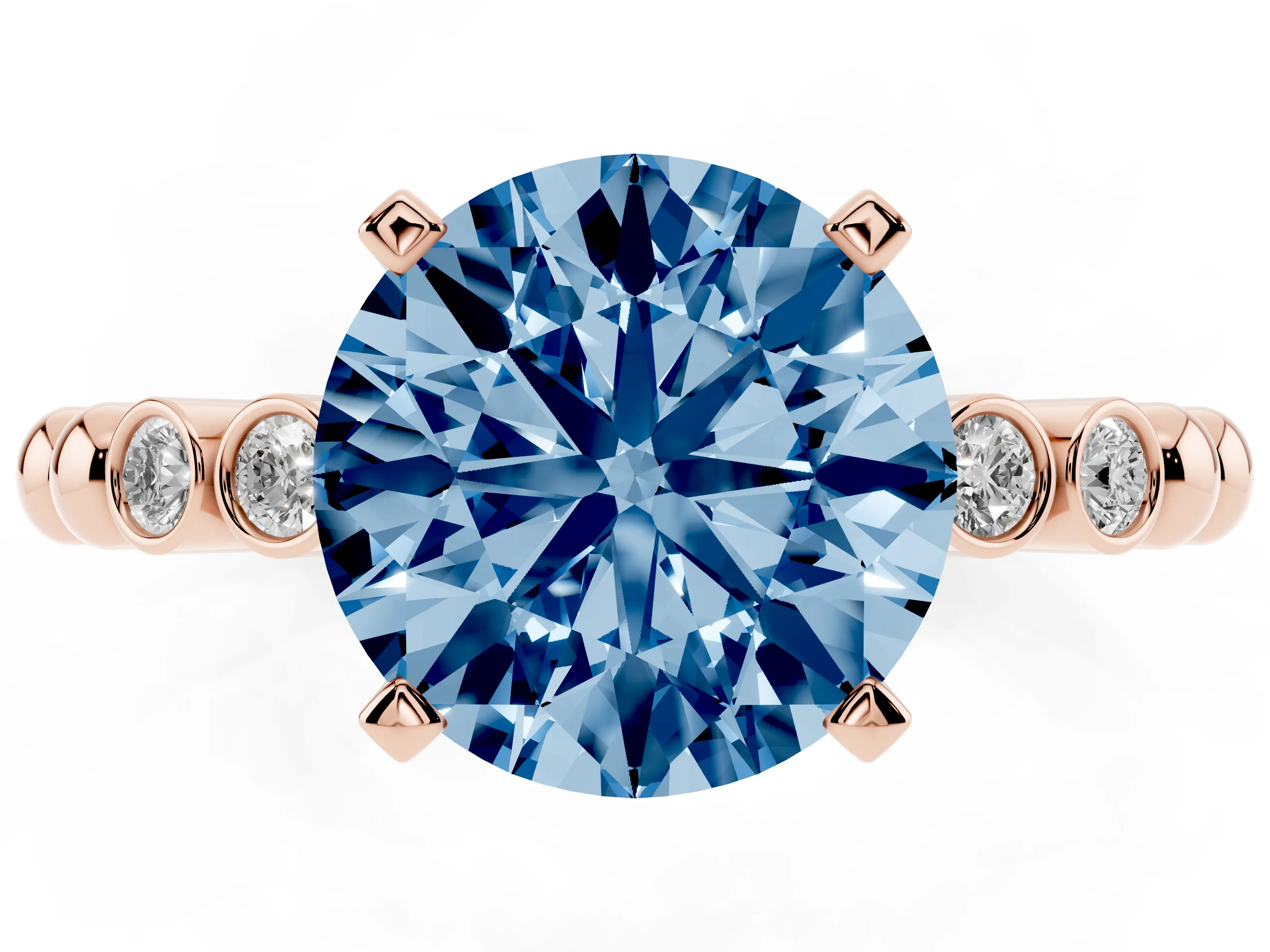 Fancy Blue Round Cut Diamond Solitaire Engagement Ring Set in Rose gold with Bezel Accents on Beaded Band