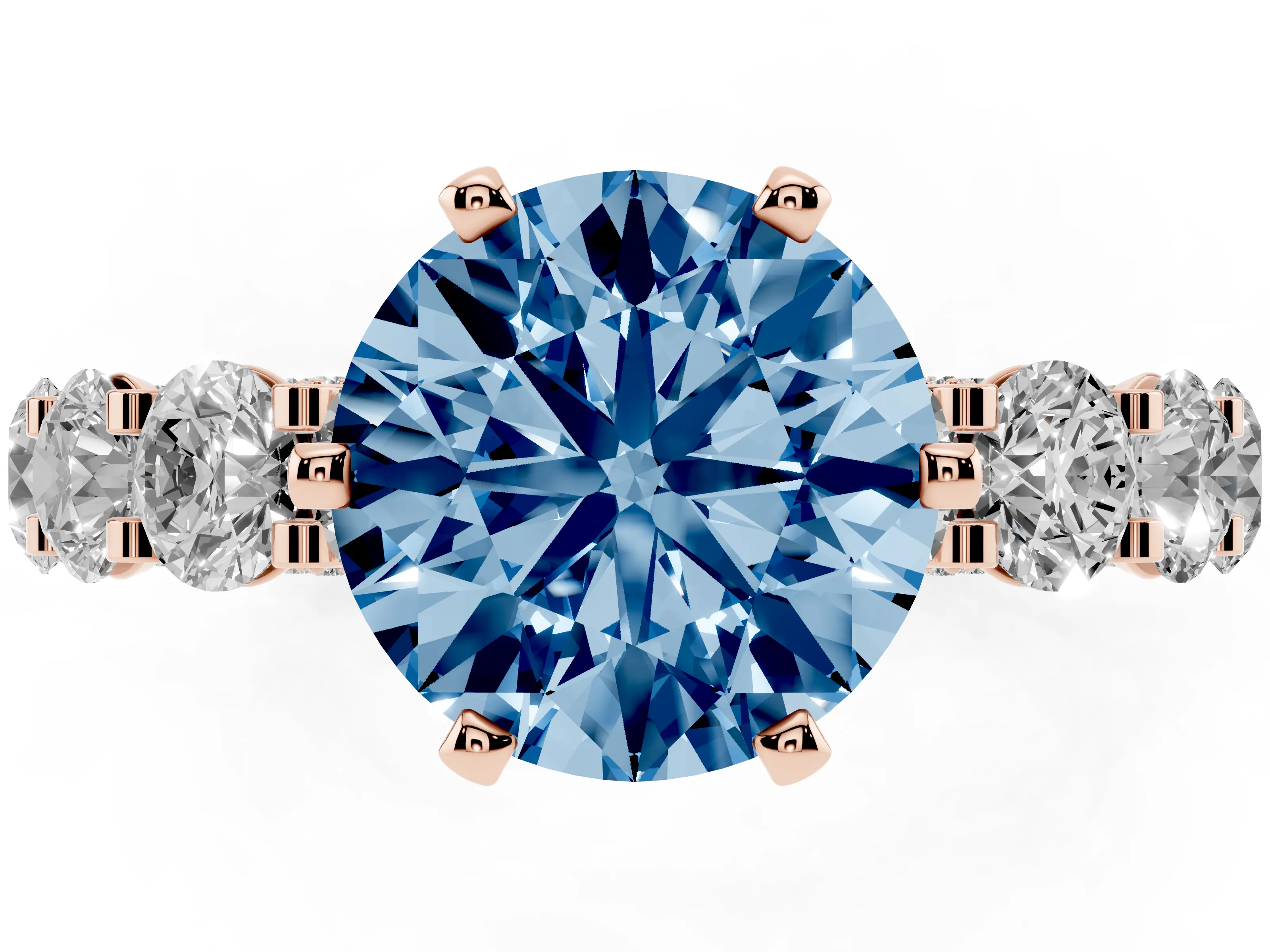 Fancy Blue Round Cut Diamond Side Stone Ring Set in Rose gold with Alternating Round and Oval Side Stones