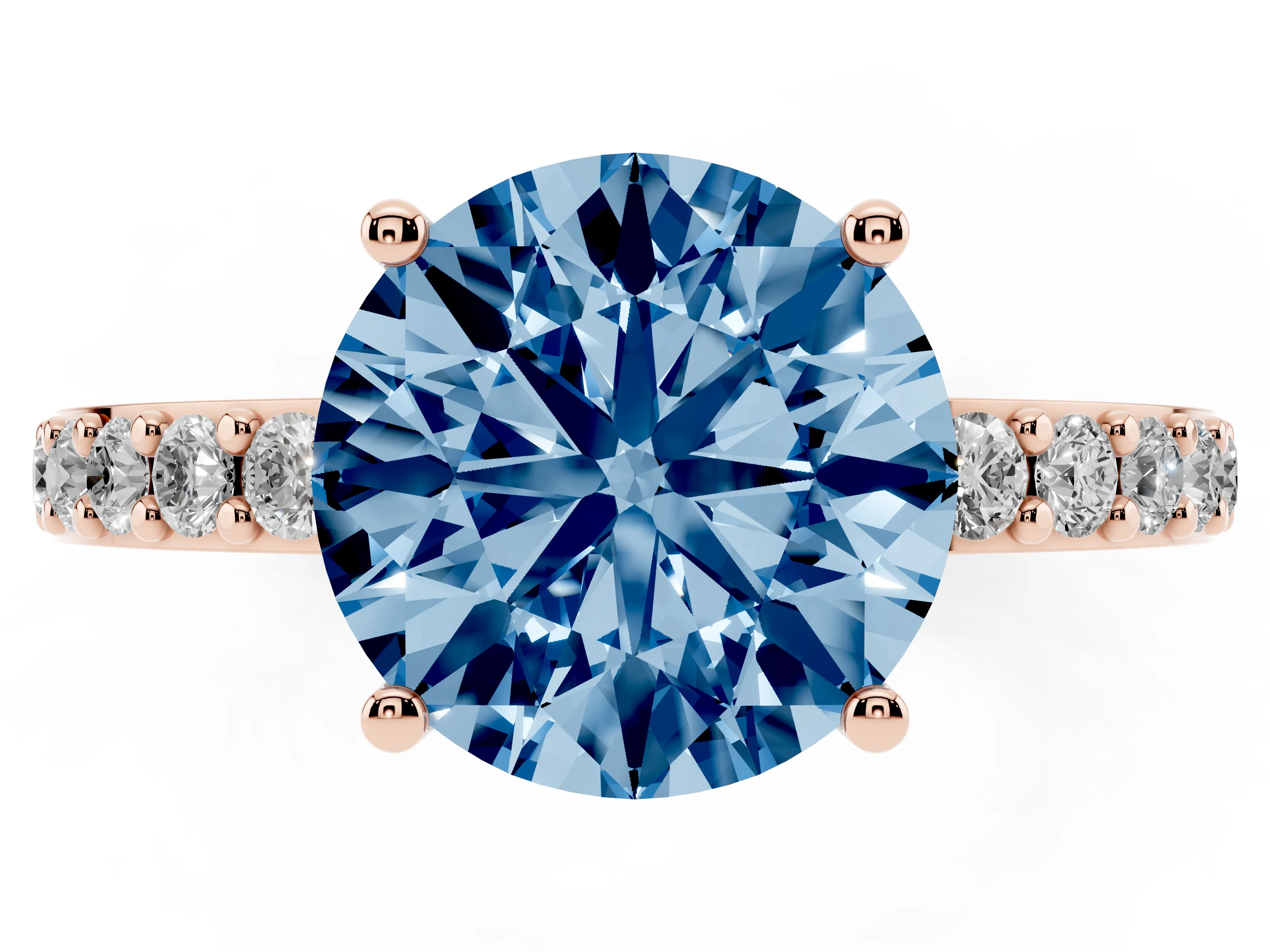 Fancy Blue Round Cut Diamond Solitaire Set in Rose gold with Round Pavé Band and Prong Setting