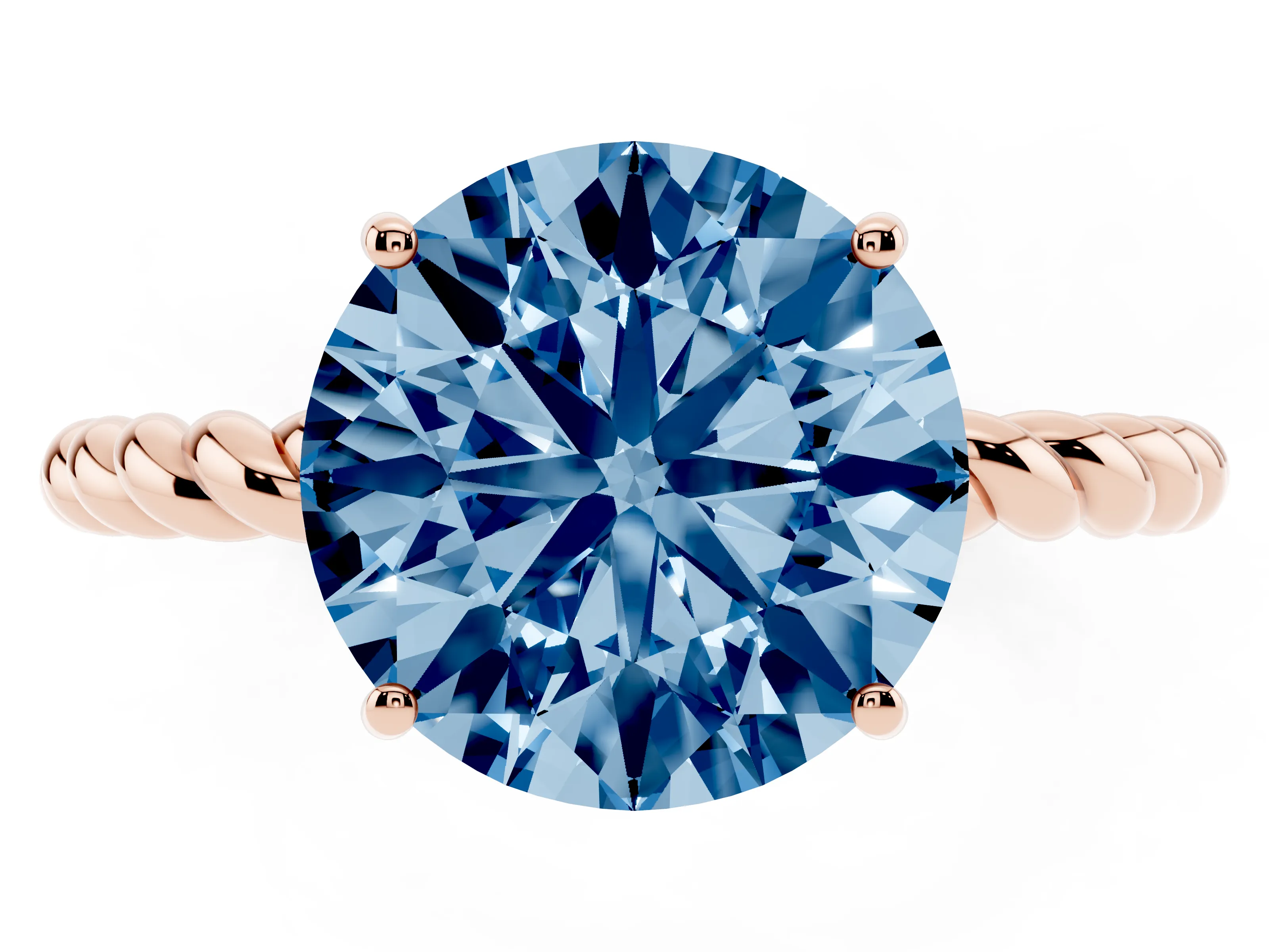 Fancy Blue Round Cut Diamond Solitaire Ring Set in Rose gold with Twist Band and Prong Setting