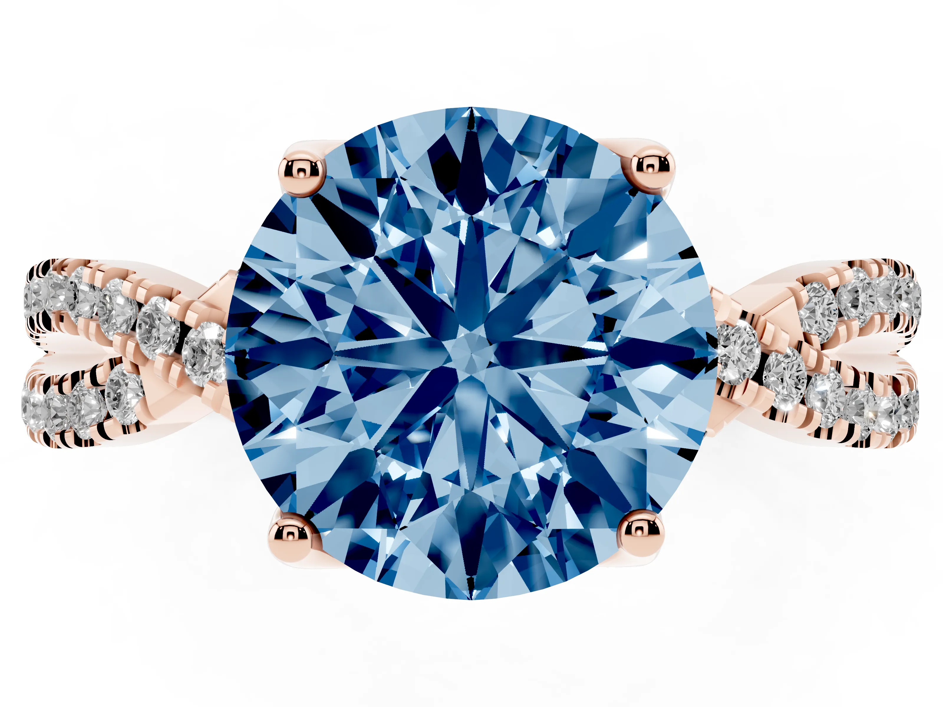 Fancy Blue Round Cut Diamond Twist Pavé Solitaire Engagement Ring Set in Rose gold with Prong Setting