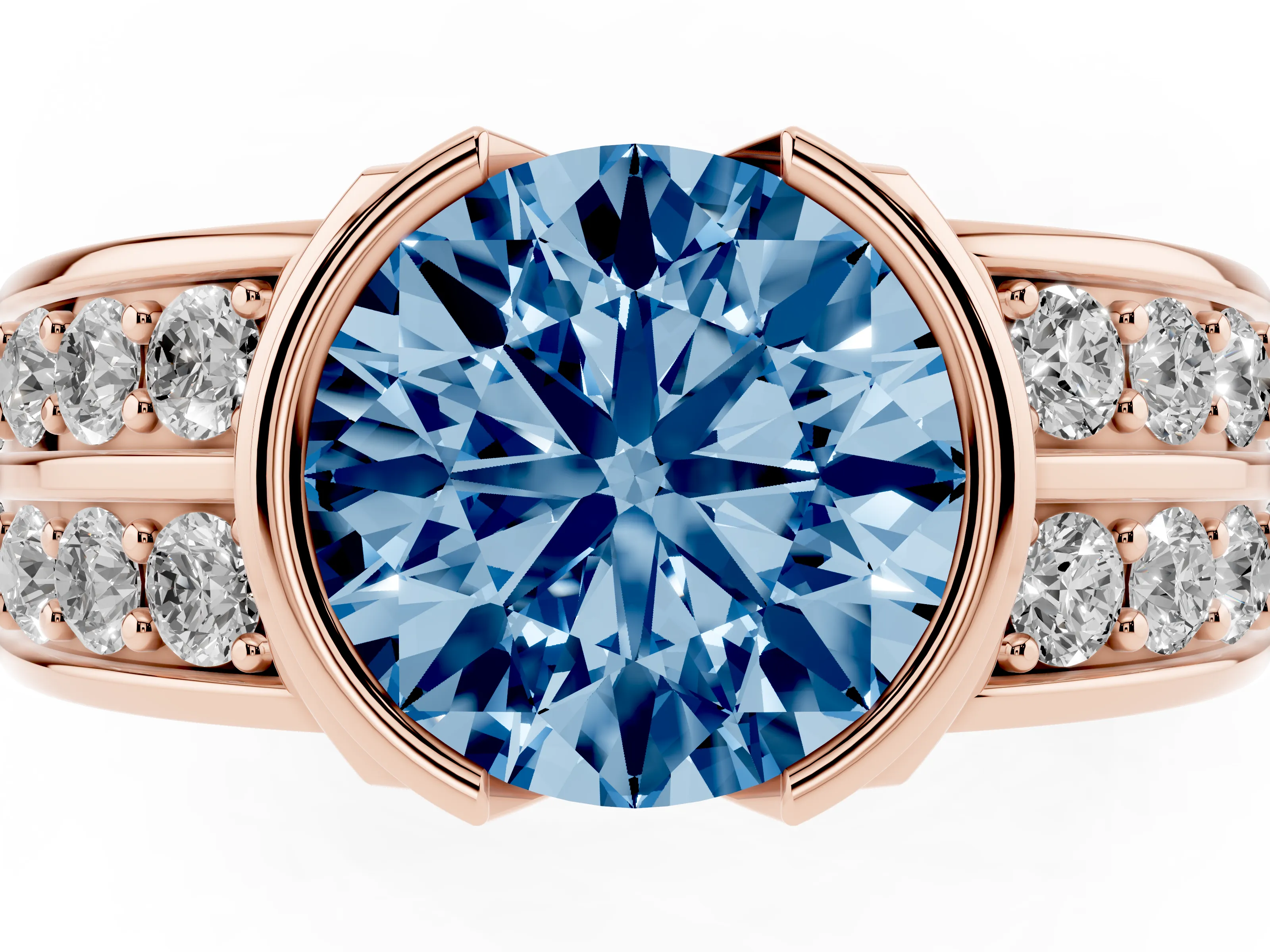 Fancy Blue Round Cut Diamond Wide Channel Set Band Ring Set in Rose gold with Bezel Setting