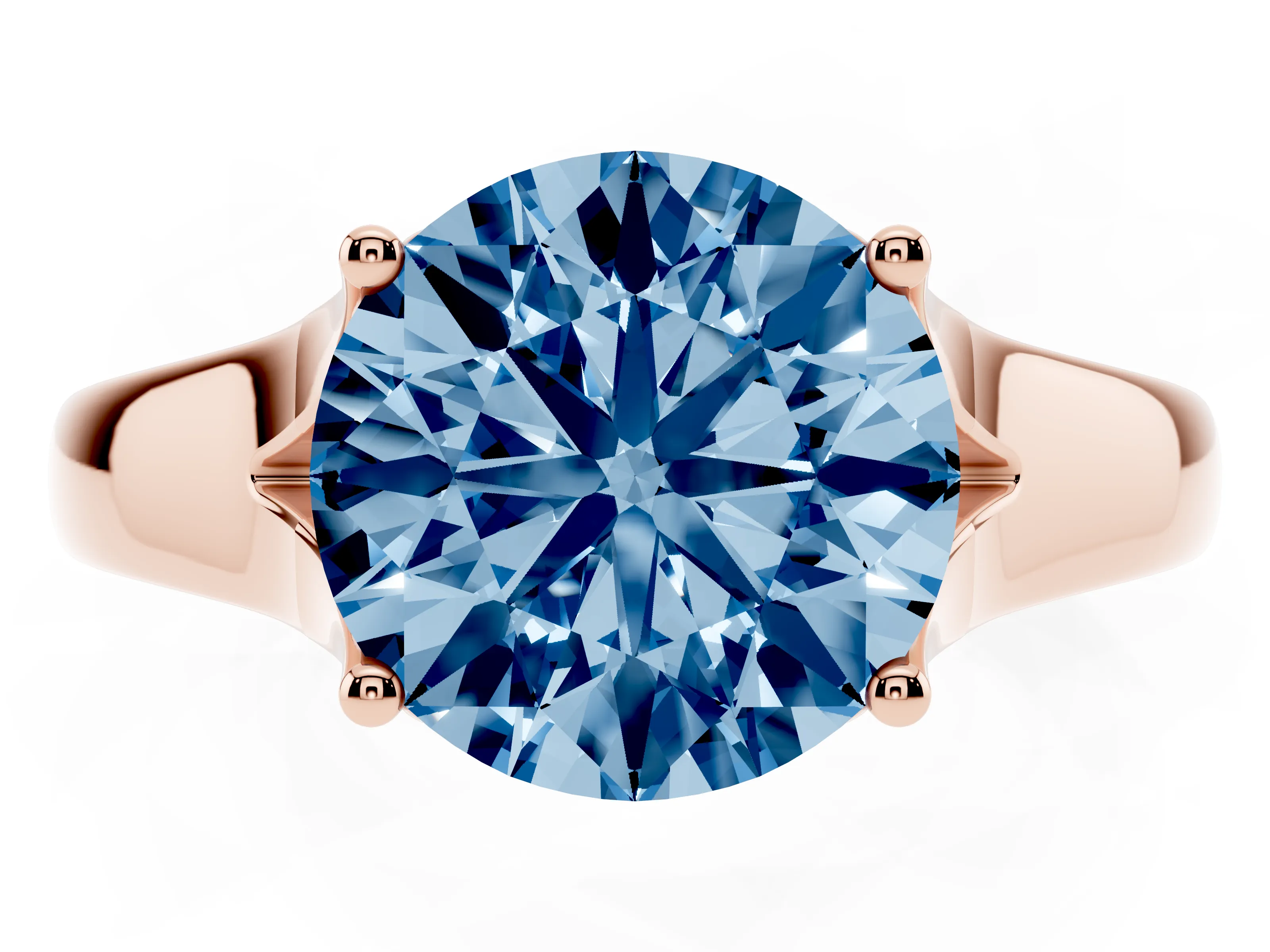 Fancy Blue Round Cut Diamond Solitaire Ring Set in Rose gold with Arched Cathedral Band and Prong Setting