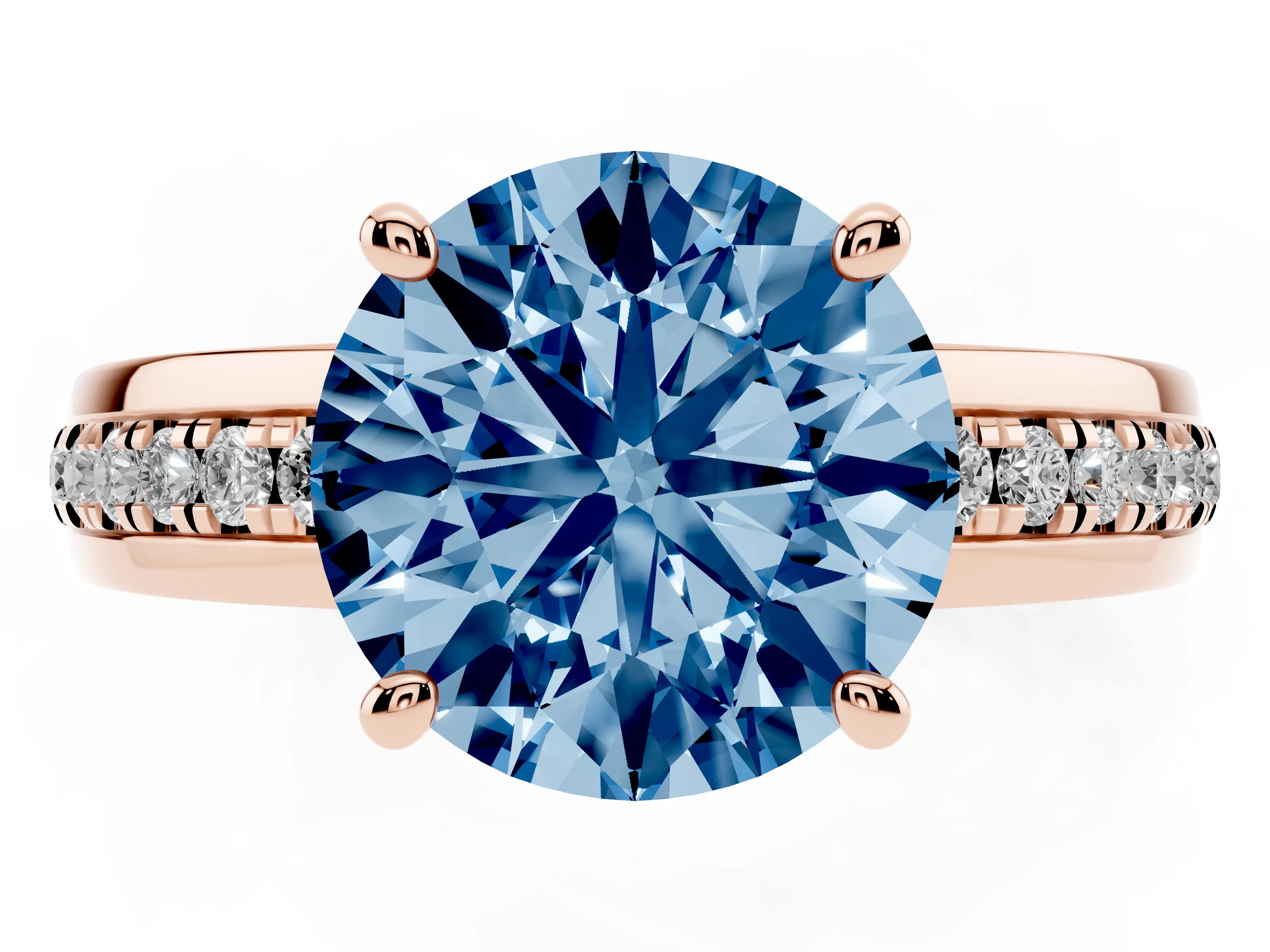 Fancy Blue Round Cut Diamond Solitaire Ring Set in Rose gold with Channel Set Band and Prong Setting