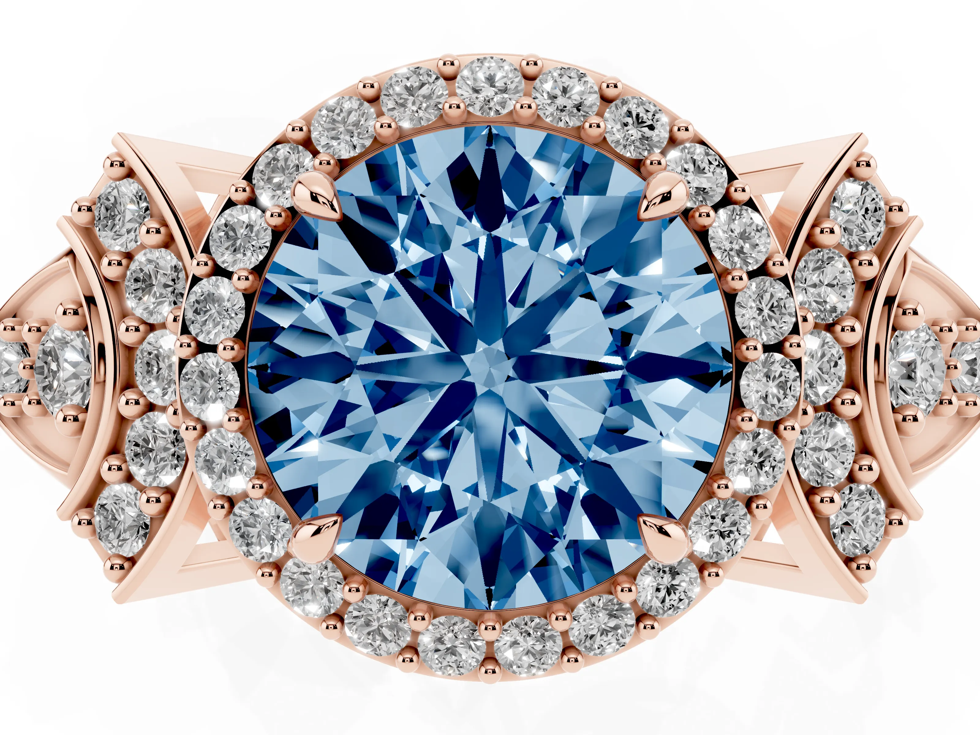 Fancy Blue Round Cut Diamond Halo Engagement Ring Set in Rose gold with Accent Stone Split Shank