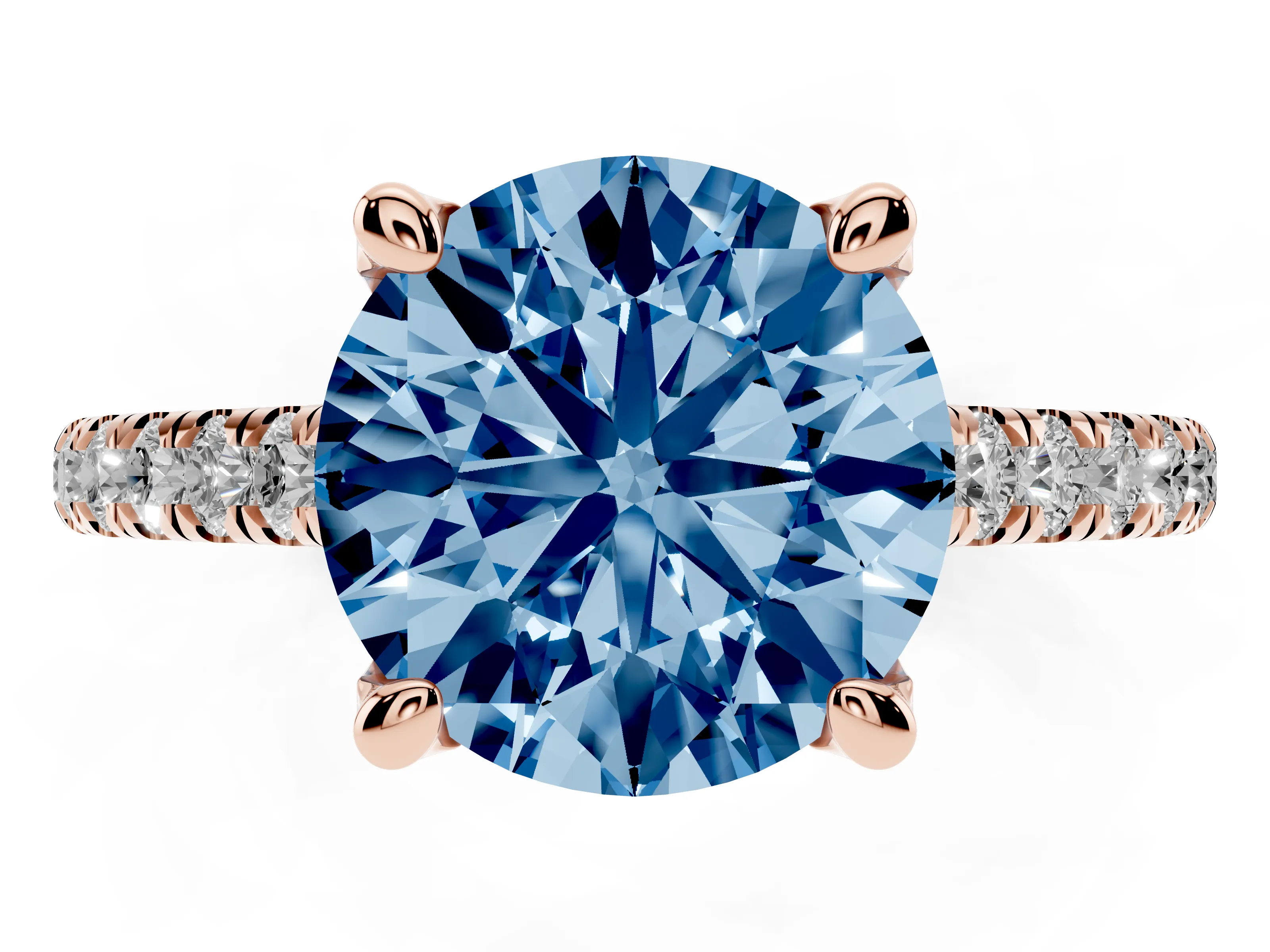 Fancy Blue Round Cut Diamond Solitaire Ring Set in Rose gold with Brilliant Pavé Band and Prong Setting