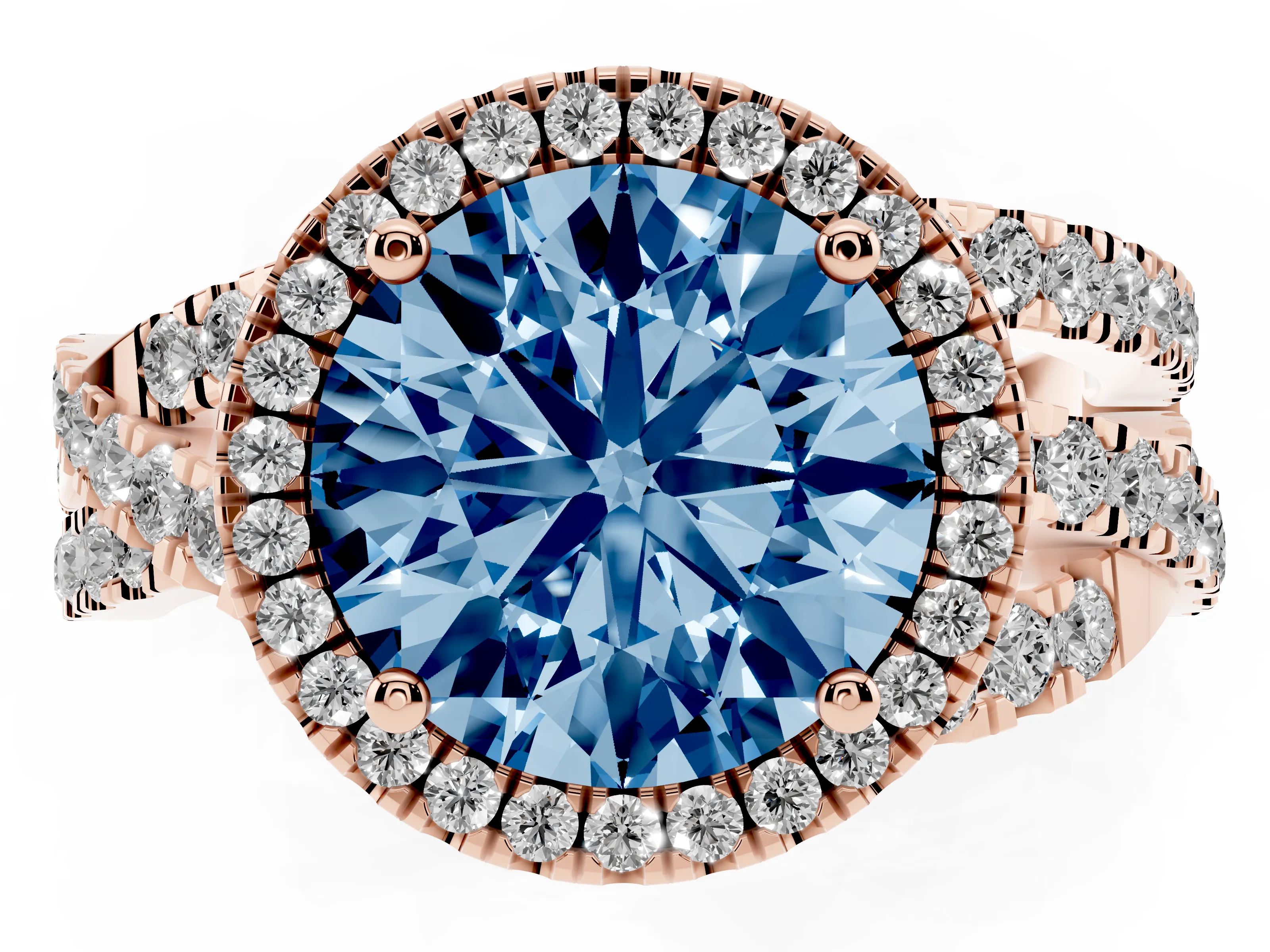 Fancy Blue Round Cut Diamond Halo Ring Set in Rose gold with Round Crossover Split Shank and Prong Setting