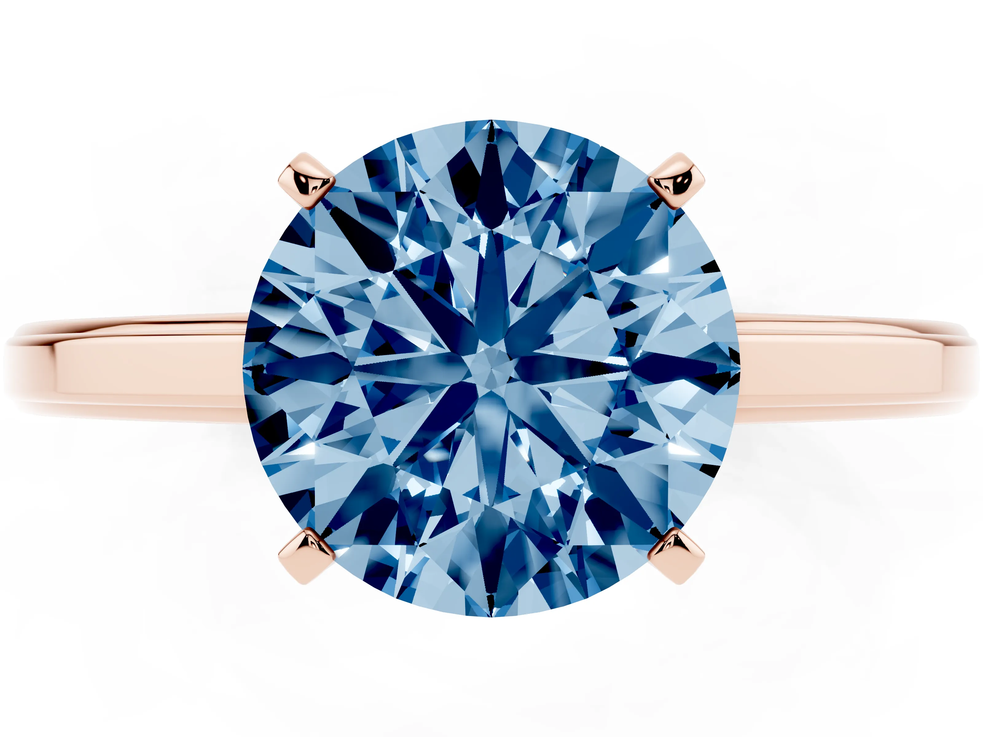Fancy Blue Round Cut Diamond Solitaire Ring Set in Rose gold with Prong Setting and Classic Band