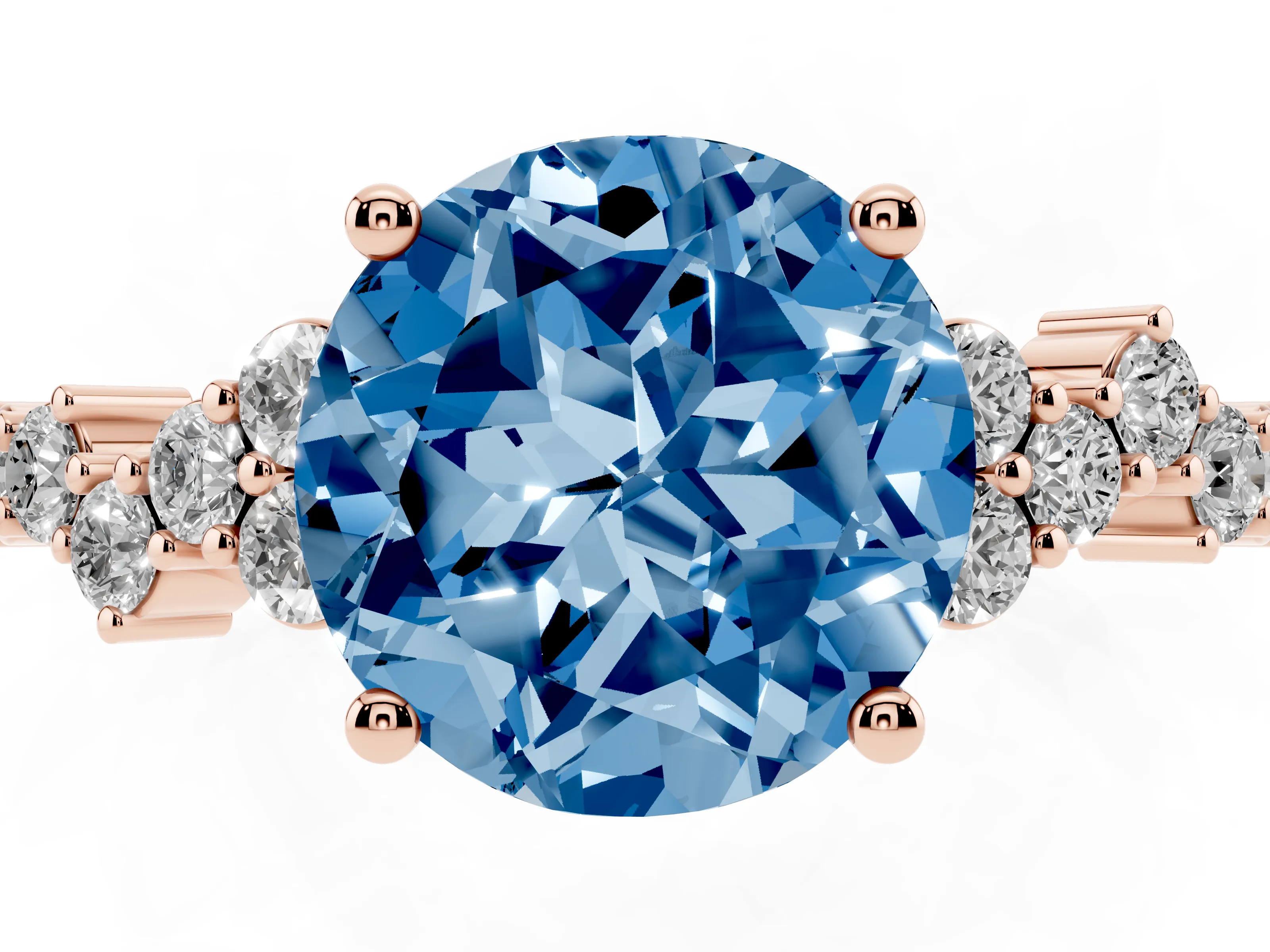 Fancy Blue Round Cut Diamond Ring Set in Rose gold with Scattered Round Accents