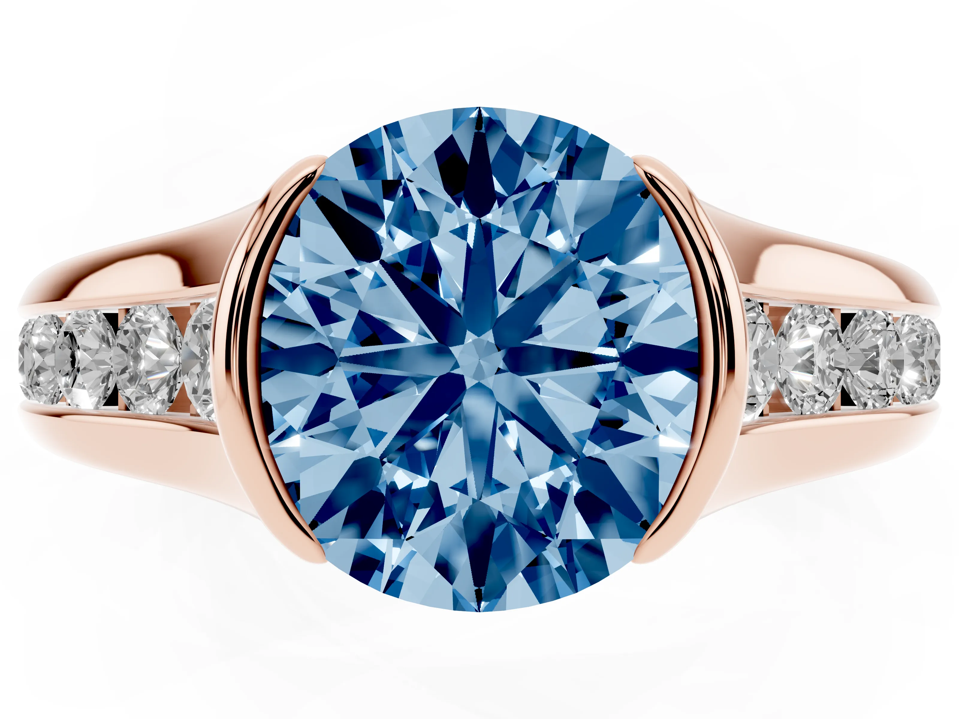 Fancy Blue Round Cut Diamond Bezel-Set Solitaire Ring Set in Rose gold with Channel-Set Band