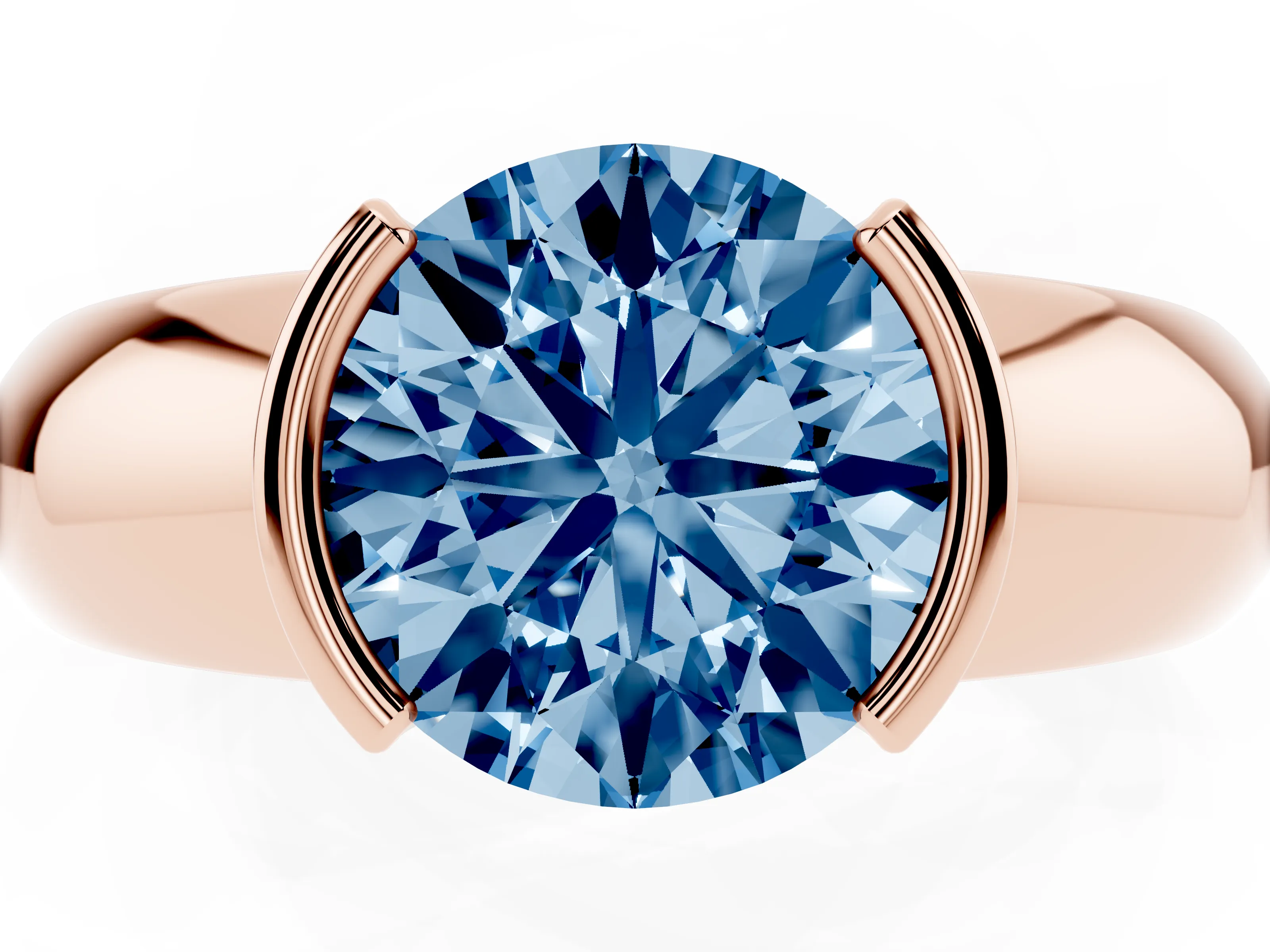 Fancy Blue Round Cut Diamond Solitaire Tension Set Ring Set in Rose gold with Wide Band