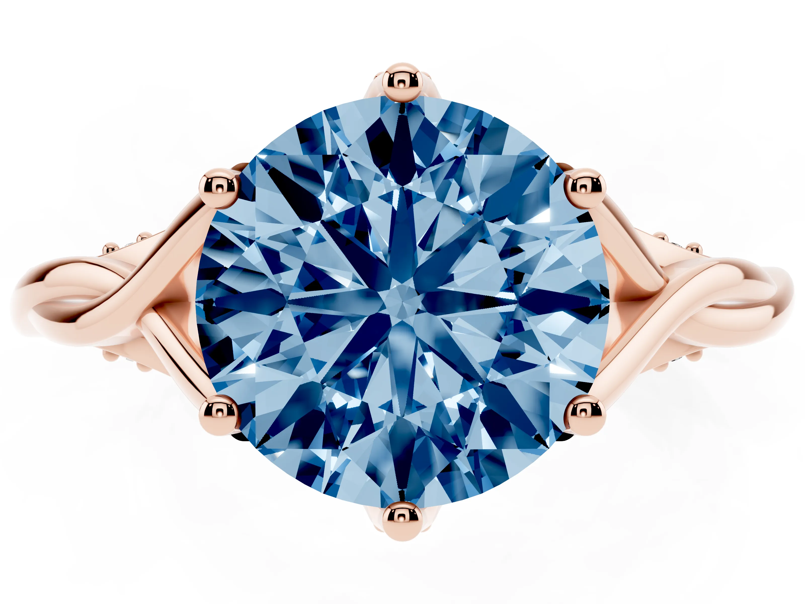 Fancy Blue Round Cut Diamond Intertwined Twist Band Solitaire Ring Set in Rose gold with Prong Setting