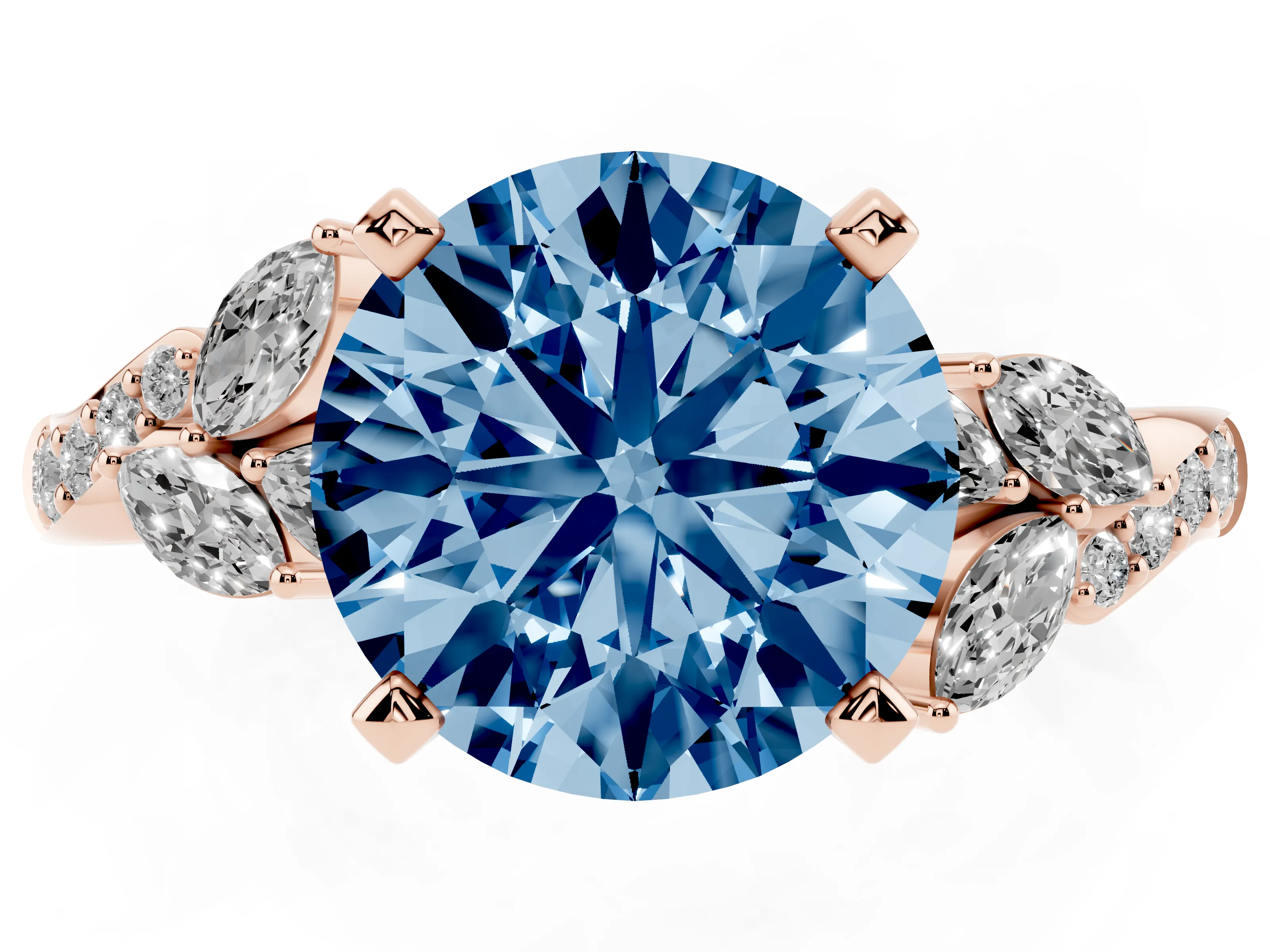 Fancy Blue Round Cut Diamond Solitaire Ring Set in Rose gold with Marquise Twist Band and Prong Setting