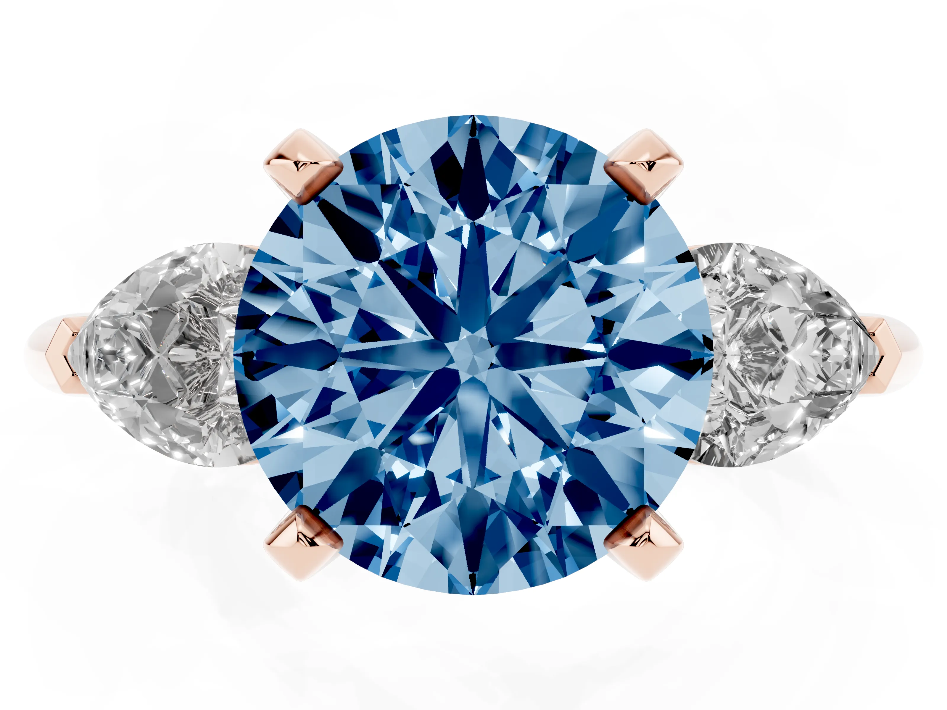 Fancy Blue Three-Stone Round Cut Diamond Ring Set in Rose gold with Pear Side Stones and Prong Setting