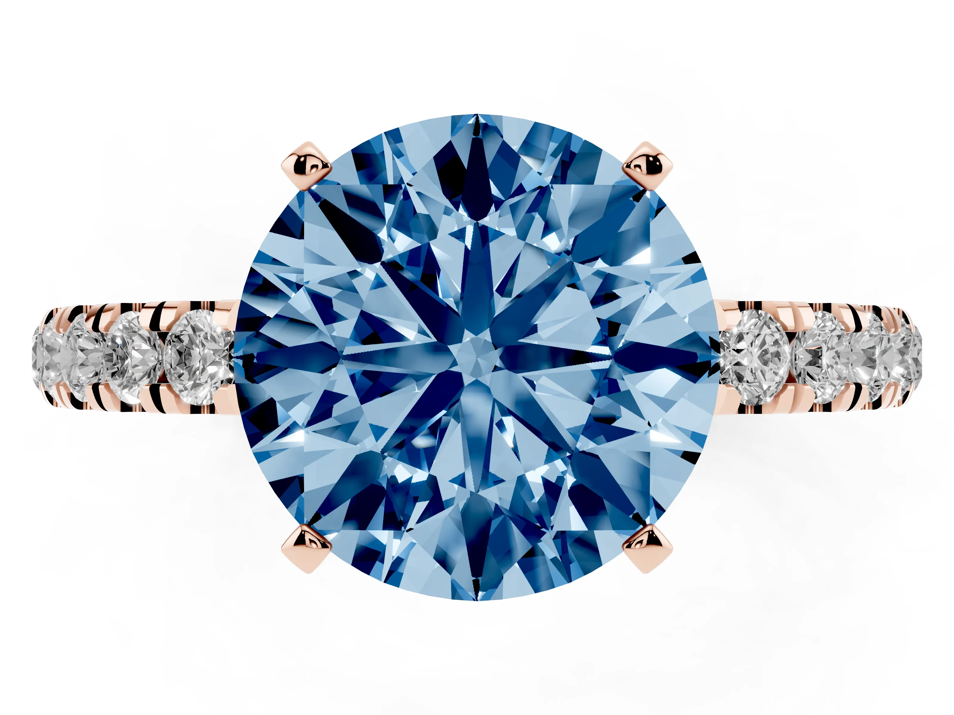 Fancy Blue Round Cut Diamond Solitaire Ring Set in Rose gold with Pavé Accents and Prong Setting