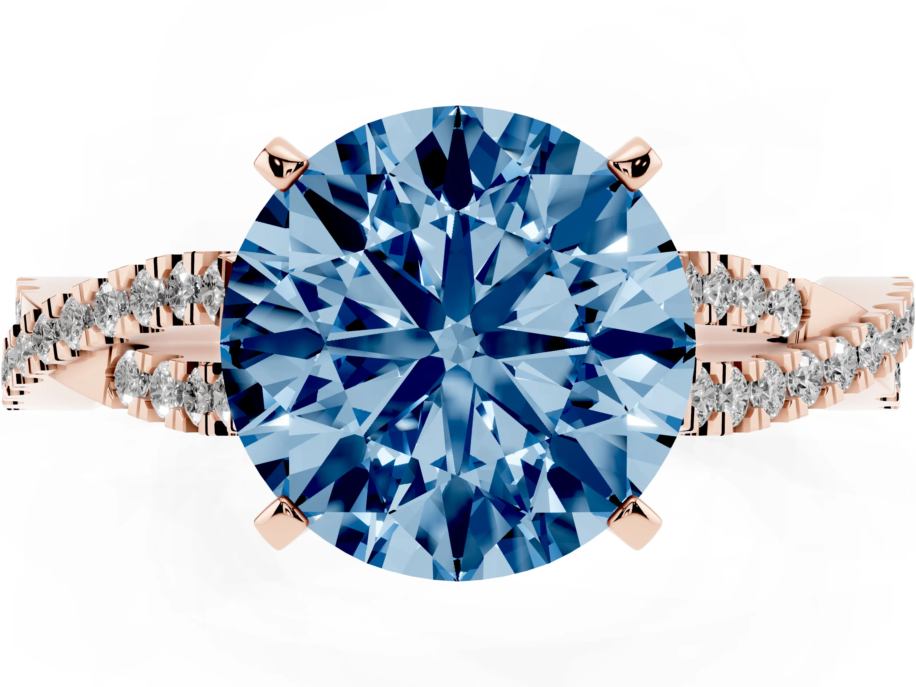 Fancy Blue Round Cut Diamond Solitaire Engagement Ring Set in Rose gold with Twisted Pavé Band and Prong Setting
