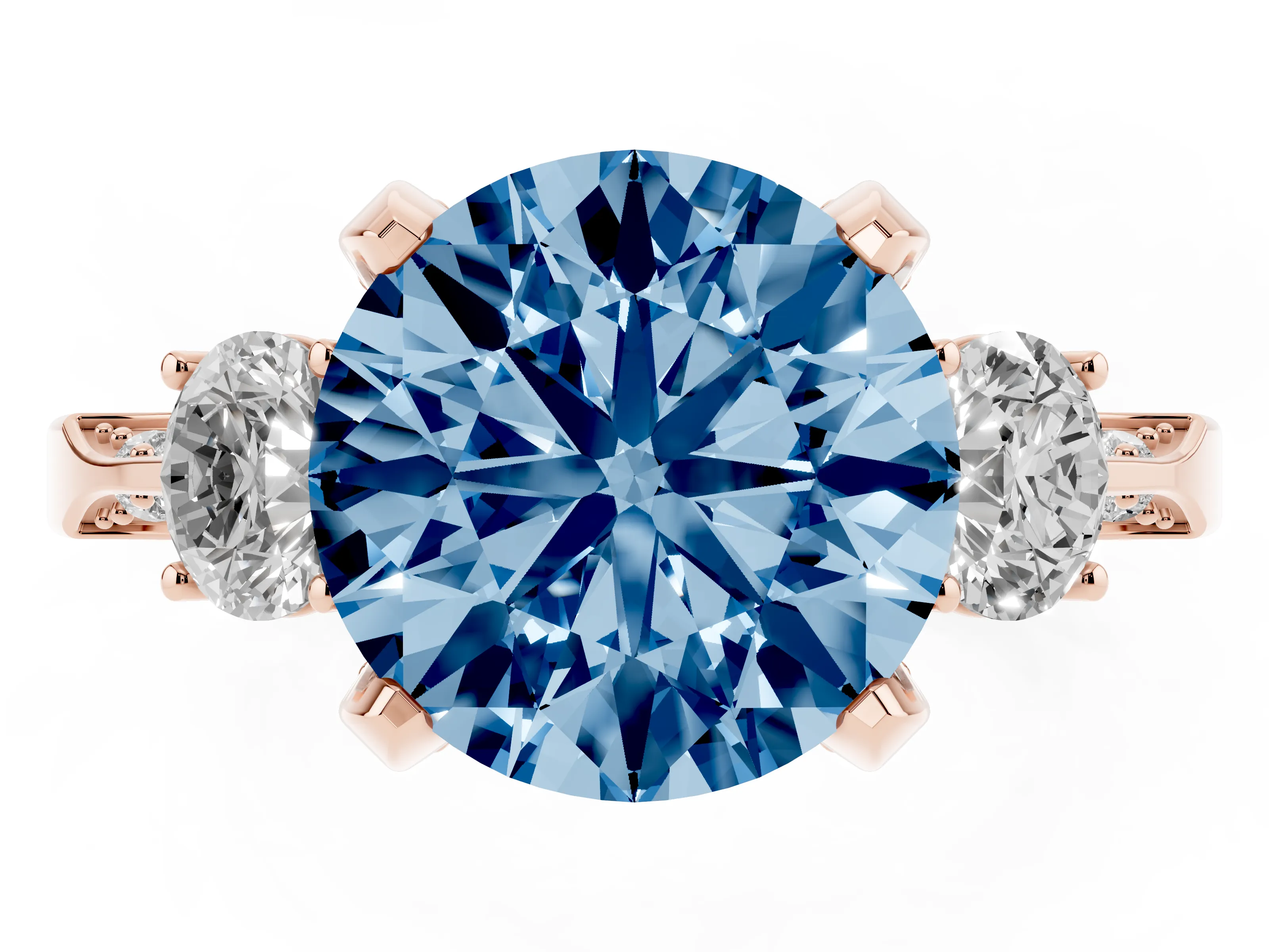 Fancy Blue Round Cut Diamond Three-Stone Ring Set in Rose gold with Pavé Band and Smaller Side Stones