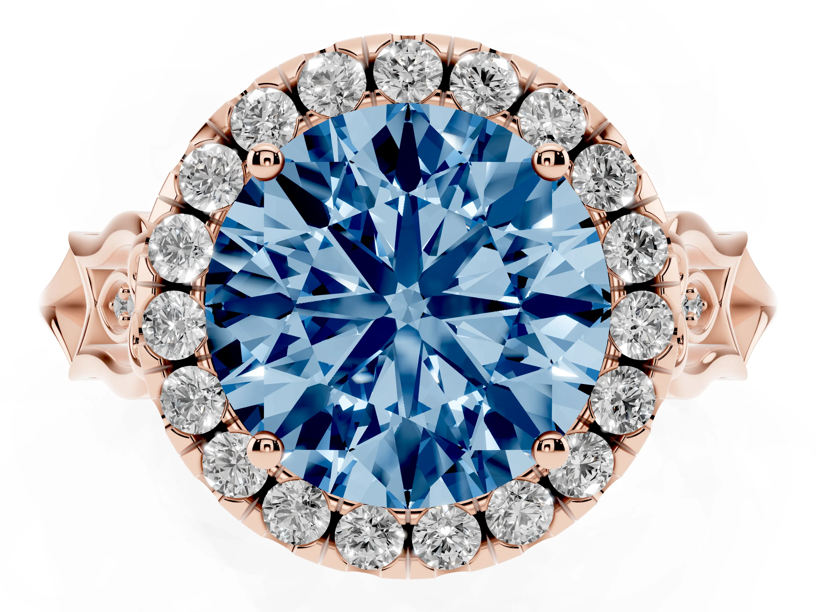 Fancy Blue Round Cut Diamond Halo Engagement Ring Set in Rose gold with Filigree Band and Prong-Set Center