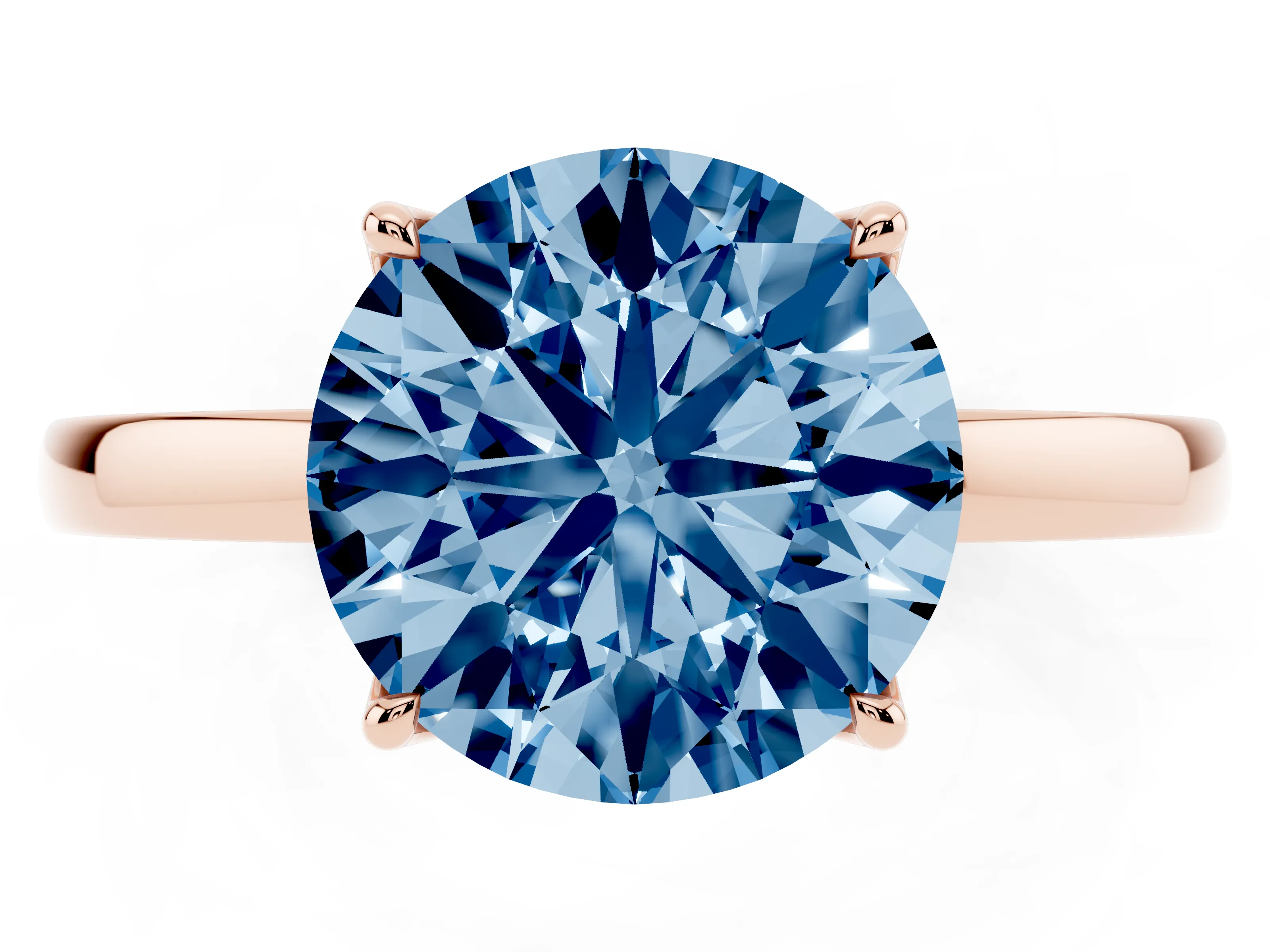 Fancy Blue Round Cut Diamond Solitaire Ring Set in Rose gold with Prong Setting and Thin Polished Band
