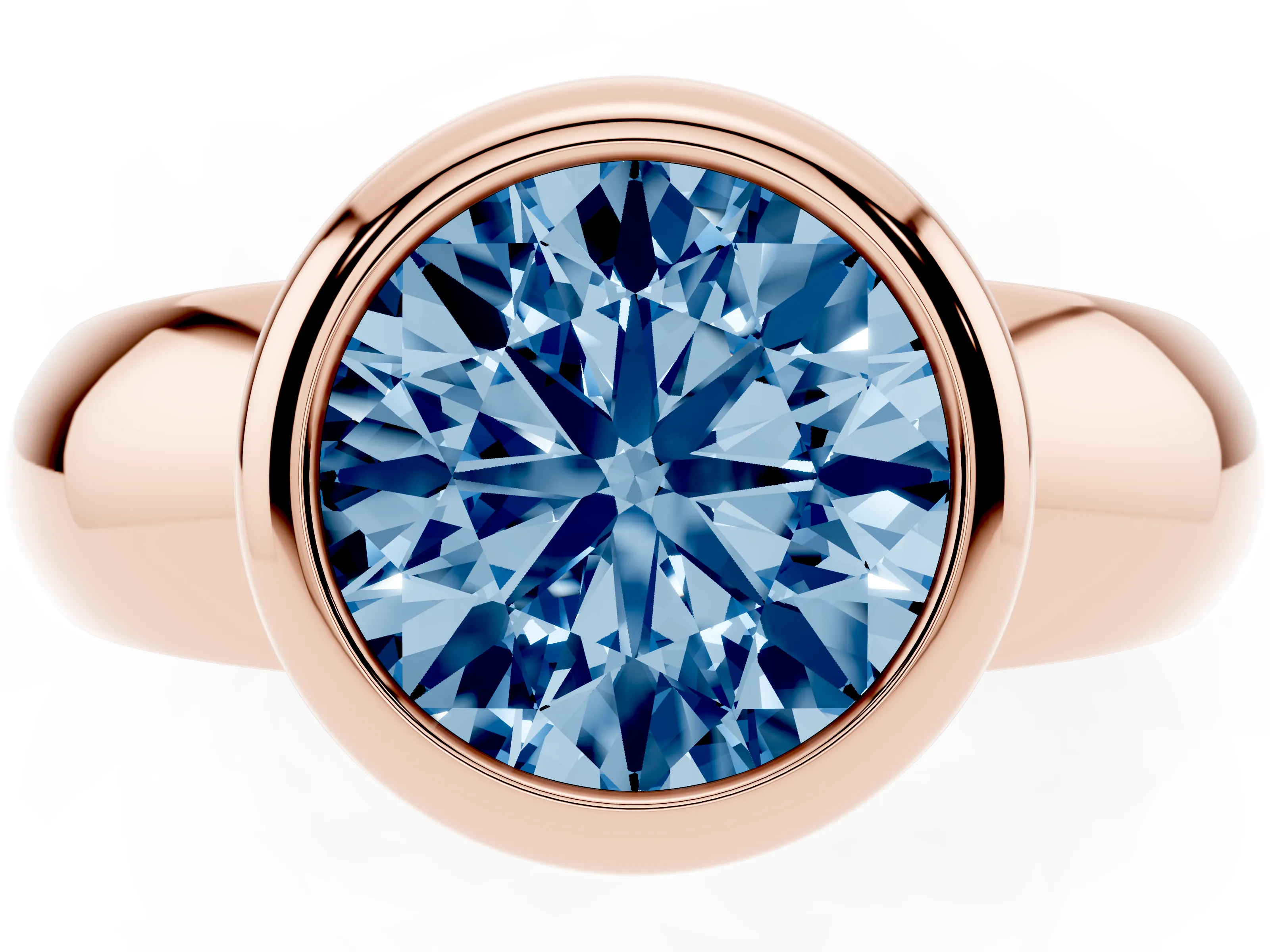 Fancy Blue Bezel Set Round Cut Diamond Solitaire Ring Set in Rose gold with Wide Band