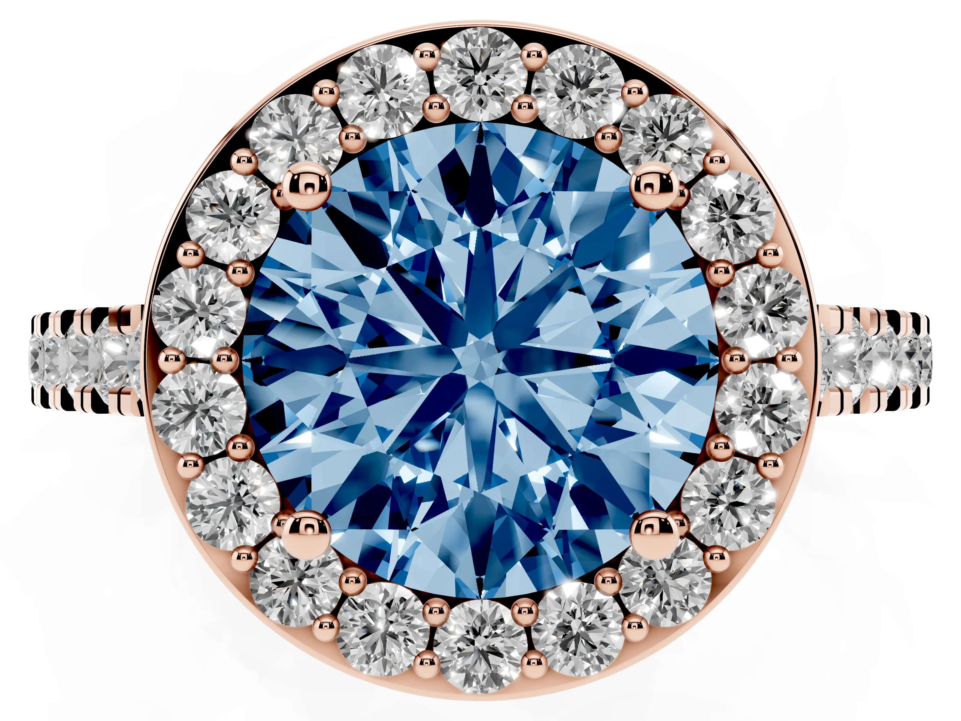 Fancy Blue Round Cut Diamond Halo Ring Set in Rose gold with Round Pavé Split Shank and Prong Setting