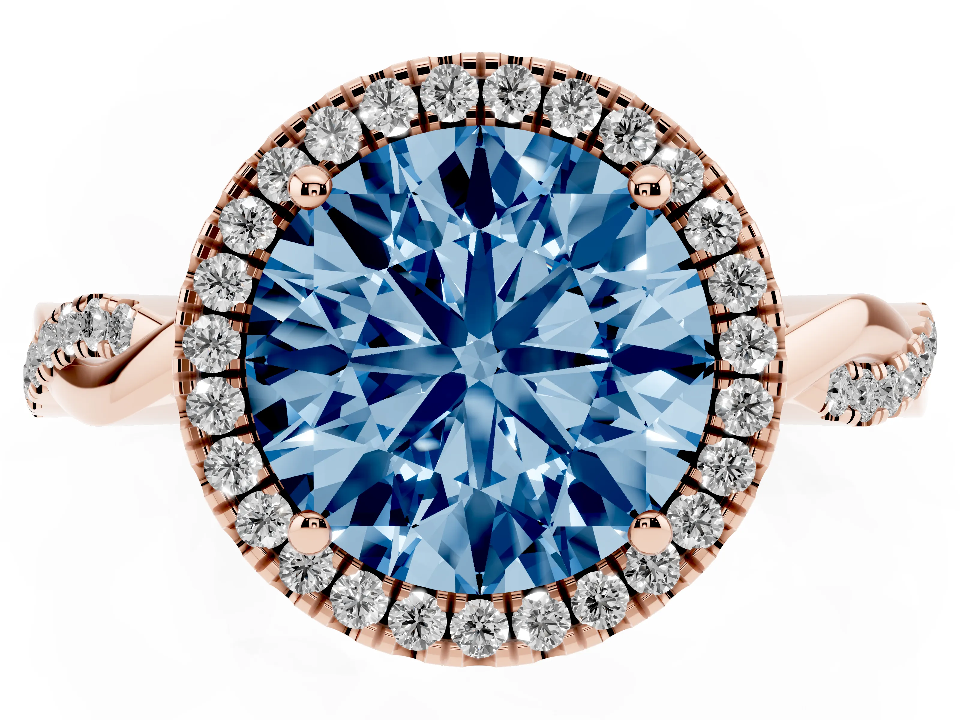 Fancy Blue Round Cut Diamond Halo Twisted Band Ring Set in Rose gold with Prong Setting
