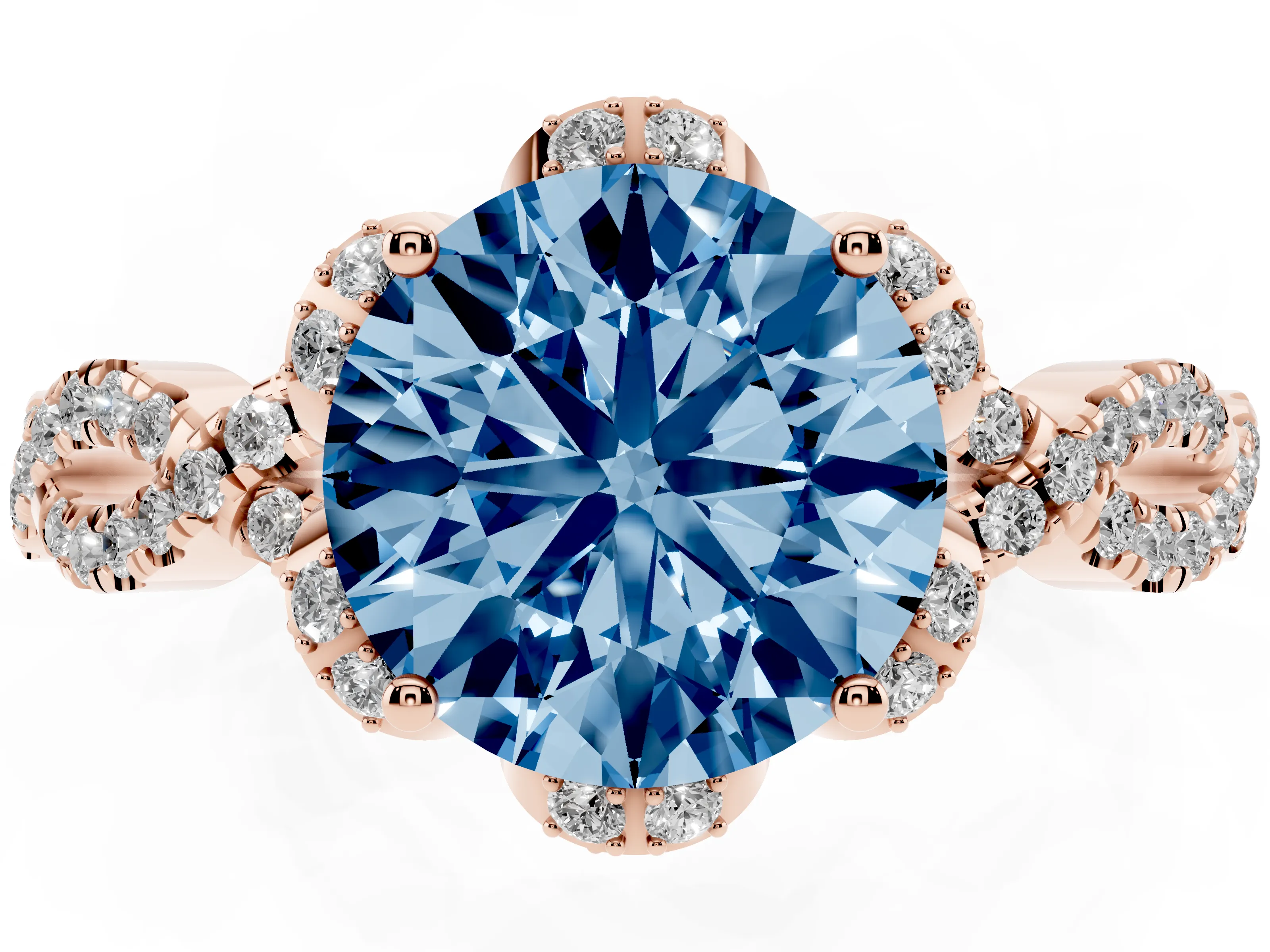 Fancy Blue Round Cut Diamond Halo Twist Band Solitaire Ring Set in Rose gold with Prong-Set Center Stone