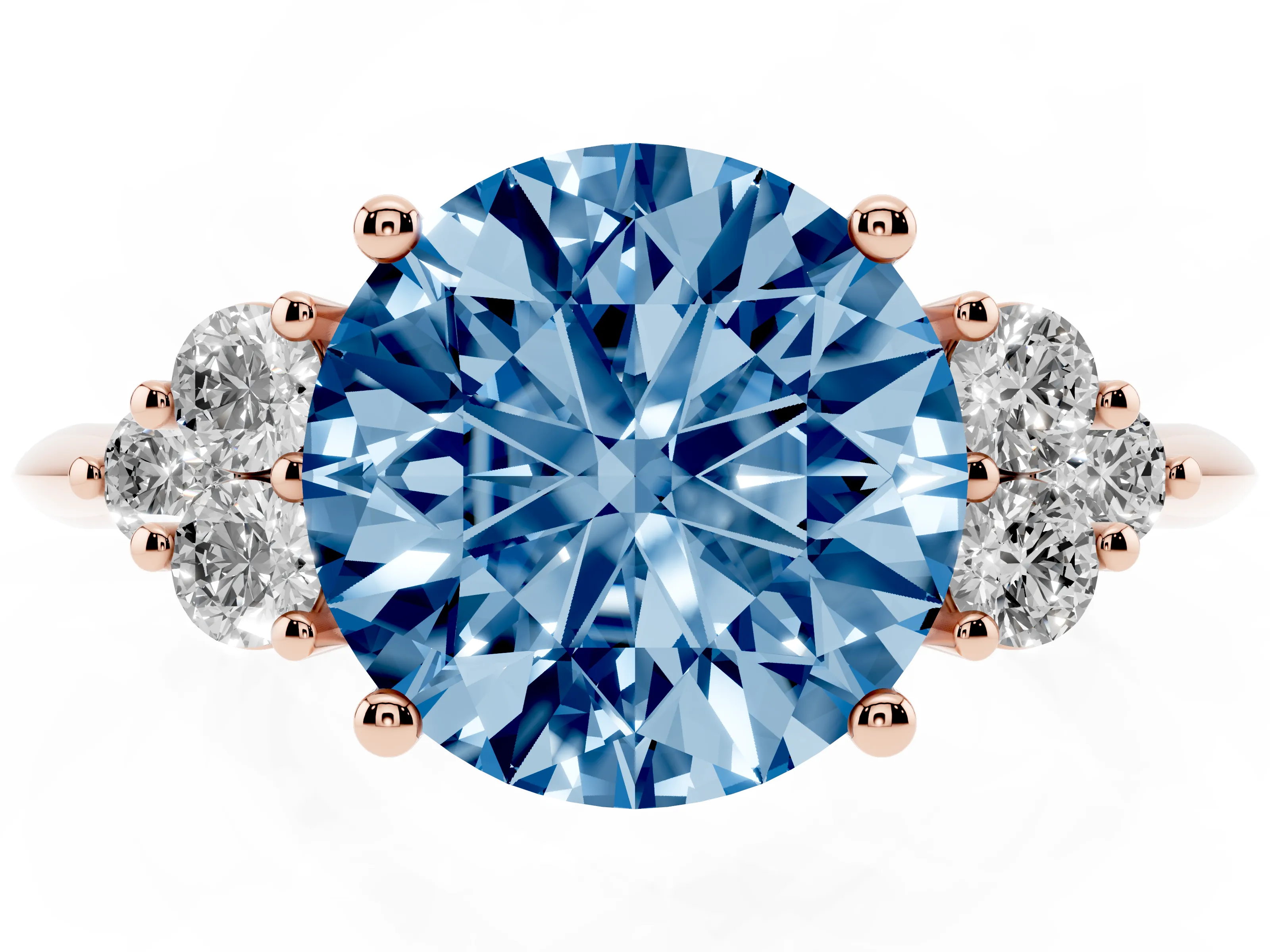 Fancy Blue Round Cut Diamond Cluster Ring Set in Rose gold with Plain Band and Prong Setting
