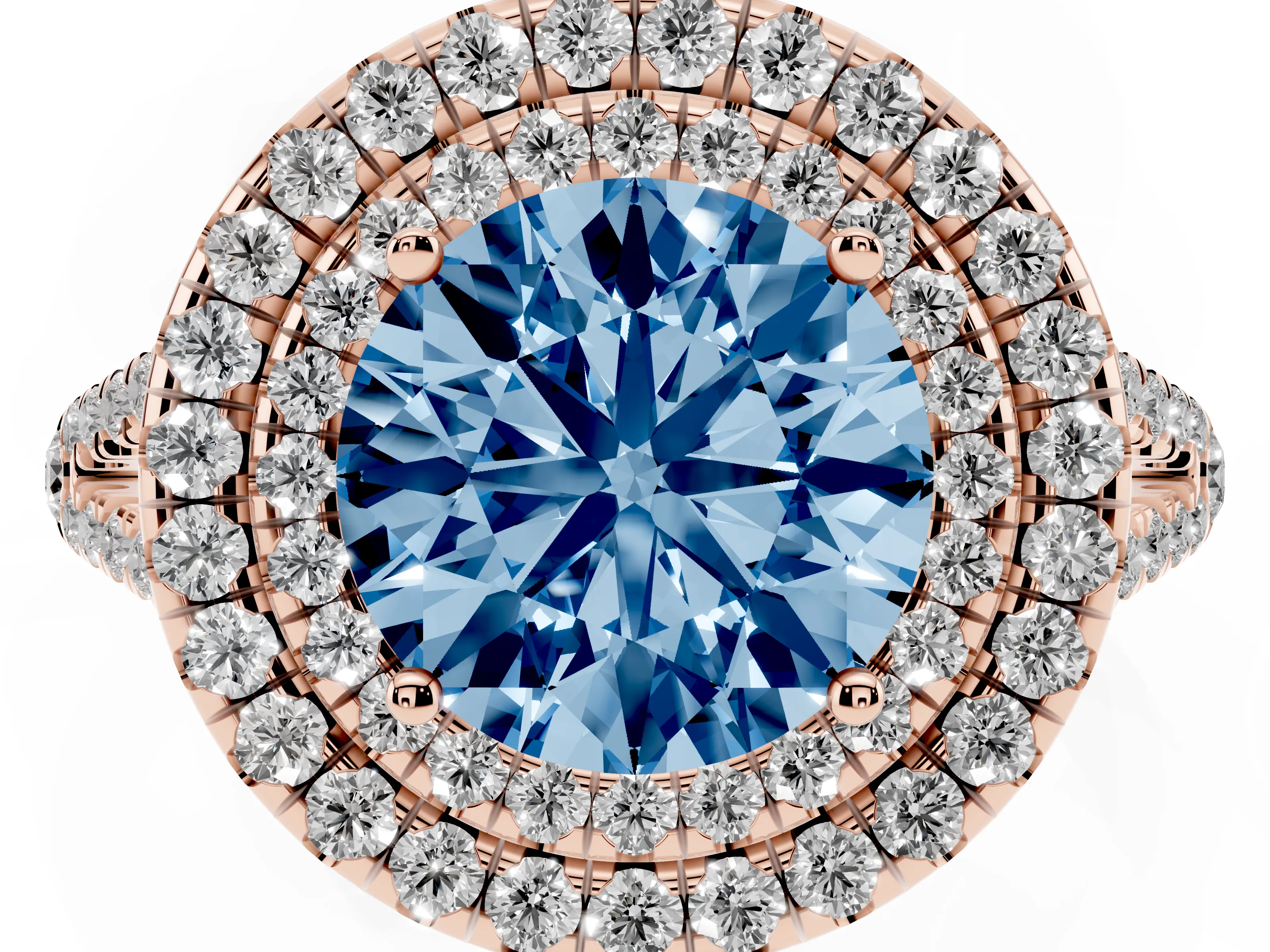 Fancy Blue Round Cut Diamond Double Halo Ring Set in Rose gold with Pavé Band